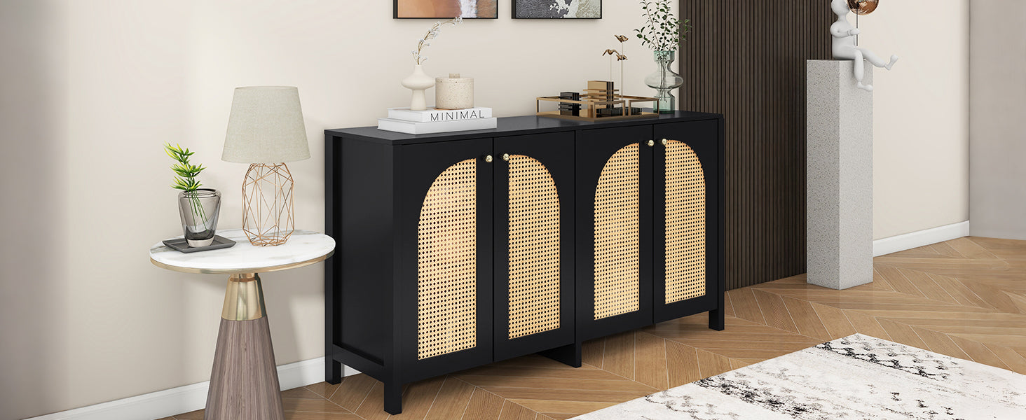 Logidon Dressoir Zwart Met Rotan Deuren Modern Buffet 145x40x80