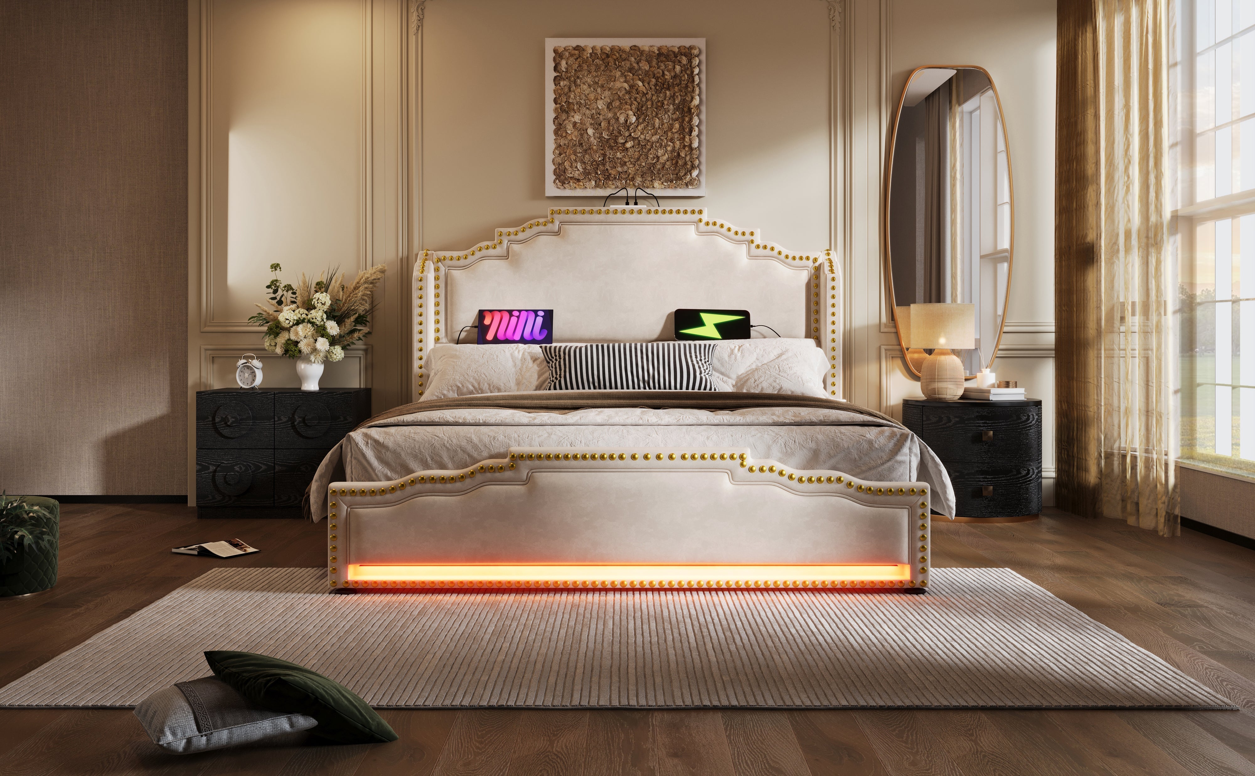 Logidon gestoffeerd bed 140x200 beige LED USB C 4 lades met matras