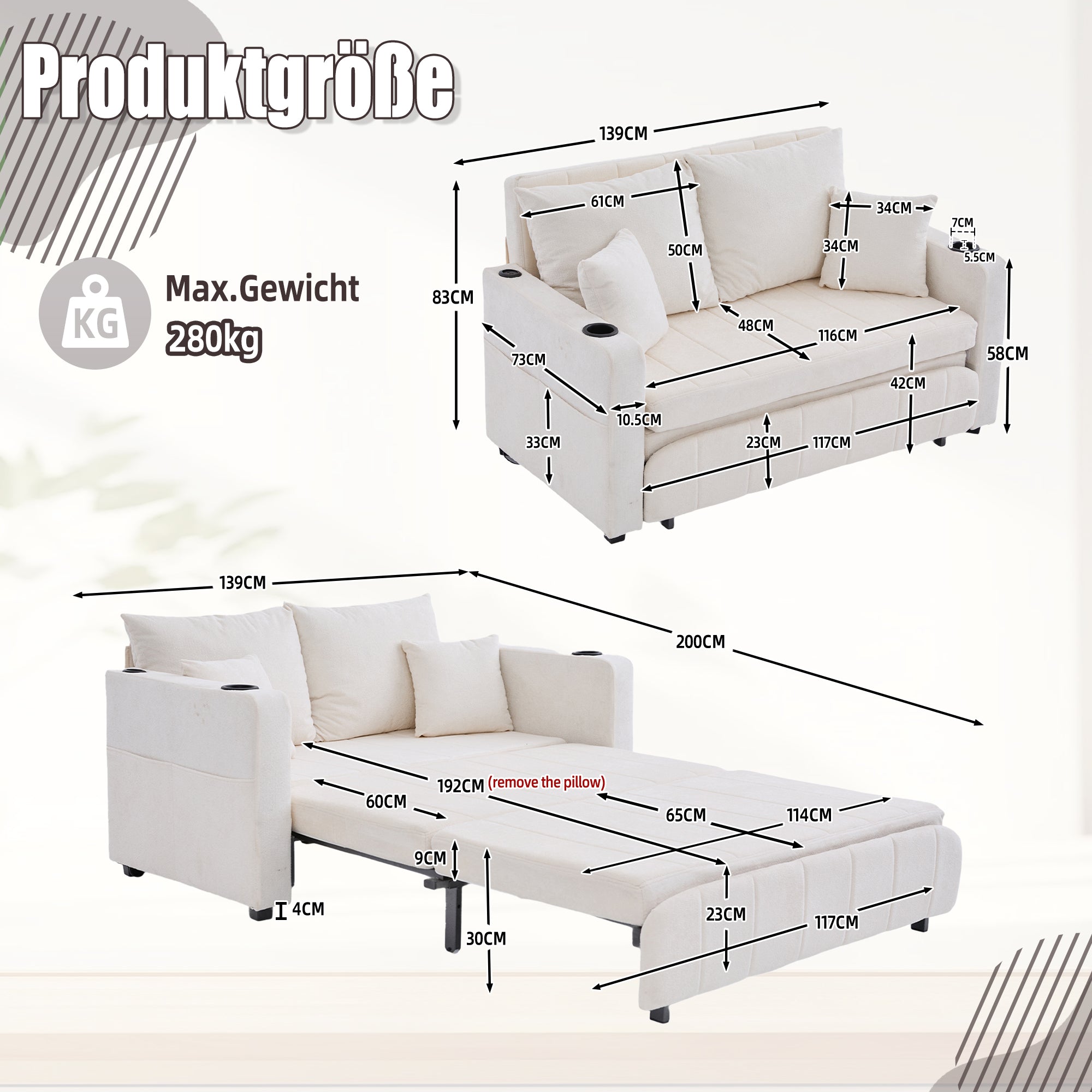 Logidon Beige Fluweel Multifunctionele Stoffen Bank Uitschuifbaar USB