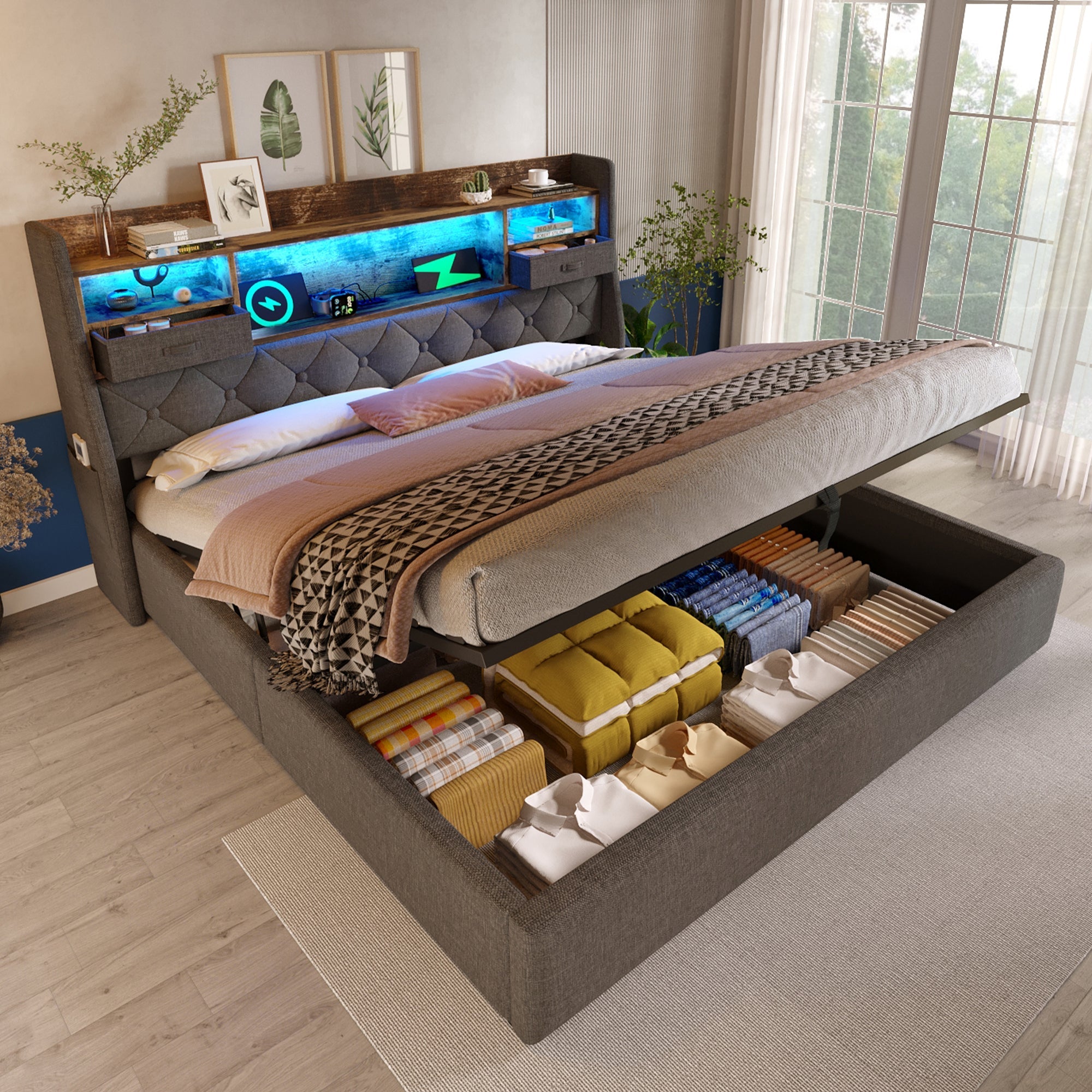 Logidon gestoffeerd bed 160x200 cm met opbergruimte, LED-hoofdbord, USB-C