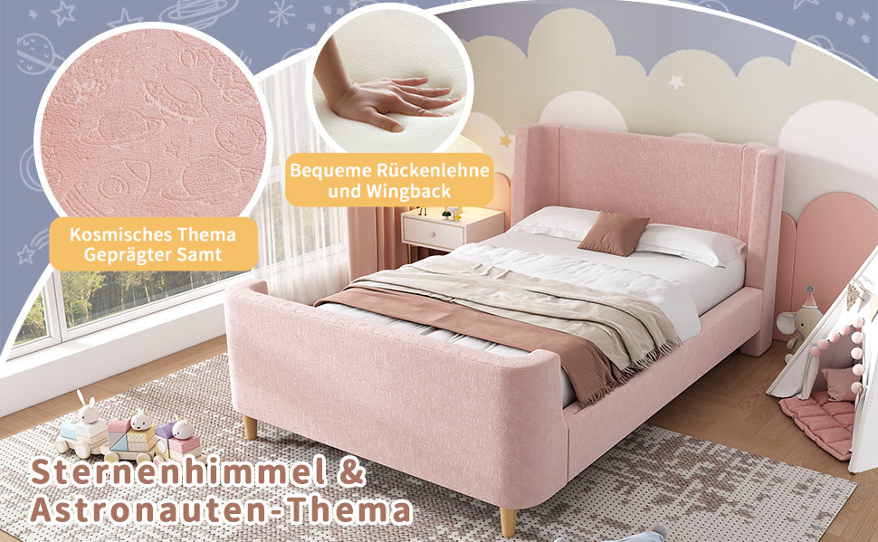Logidon kinderbed gestoffeerd bed 90x200 roze fluweel sleebed Kosmos