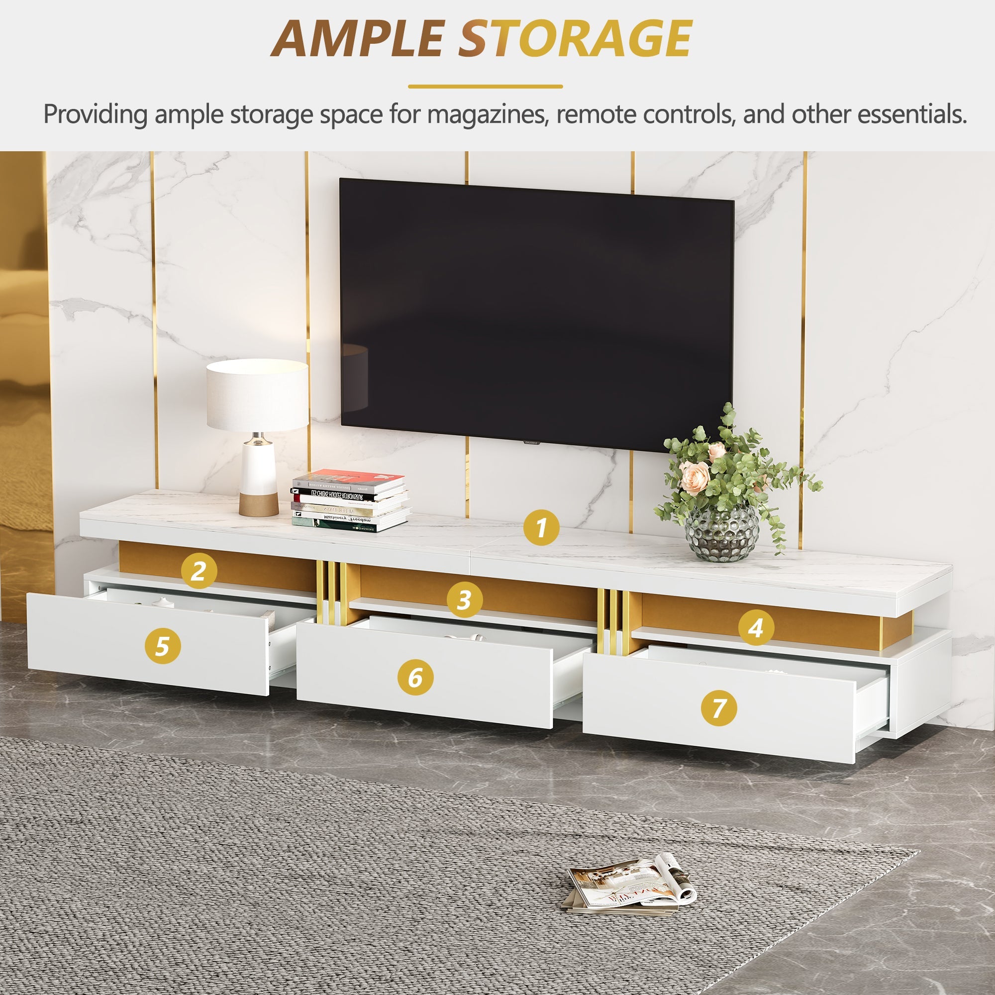 Logidon TV-meubel 200 cm marmerlook drie lades kabelmanagement