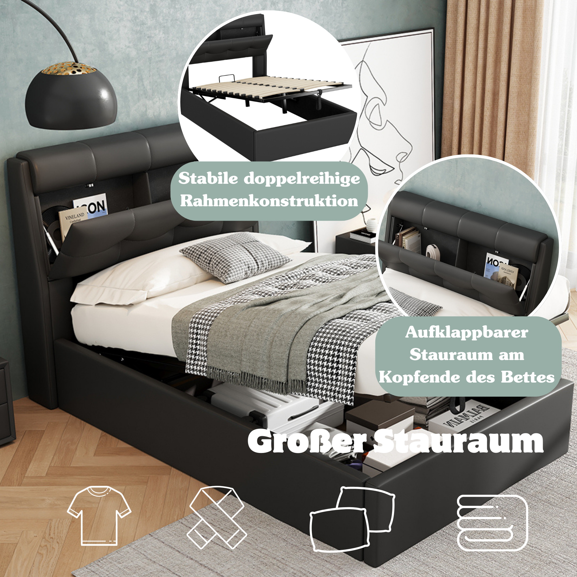 Logidon gestoffeerd bed 90x200 zwart hydraulisch met lattenbodem
