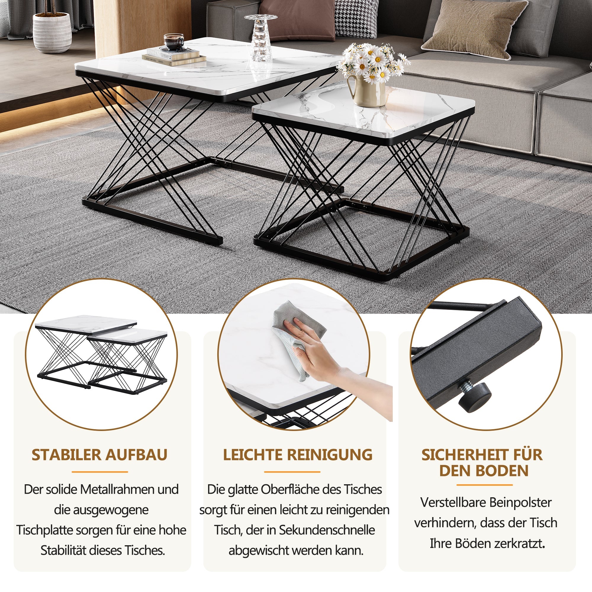 Logidon Stylish 2-piece coffee table set high-gloss marble look 60x60 cm