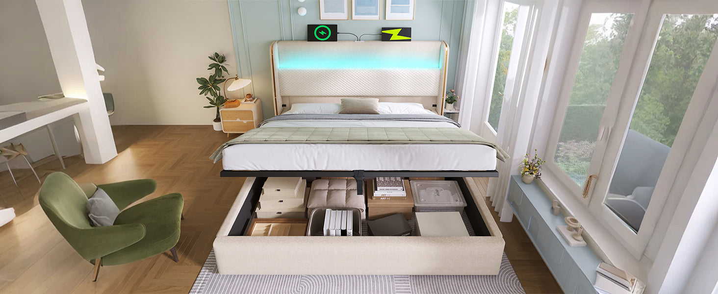 Logidon hydraulisch bed 140x200 beige linnenlook met LED