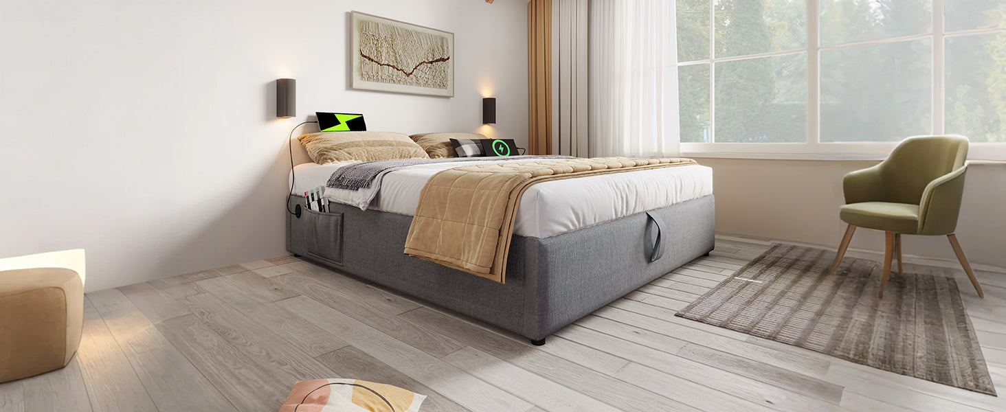 Logidon upholstered bed 160x200 gray with USB C and full-surface slatted frame