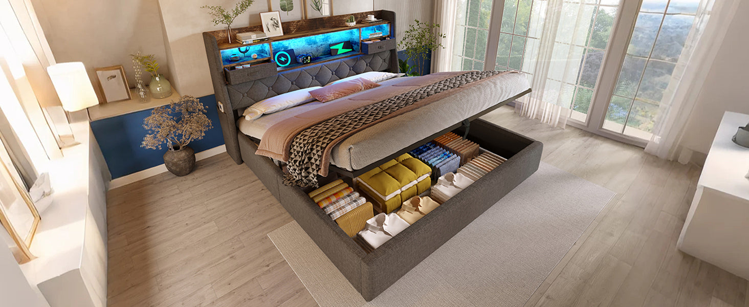 Logidon gestoffeerd bed 160x200 cm met opbergruimte, LED-hoofdbord, USB-C