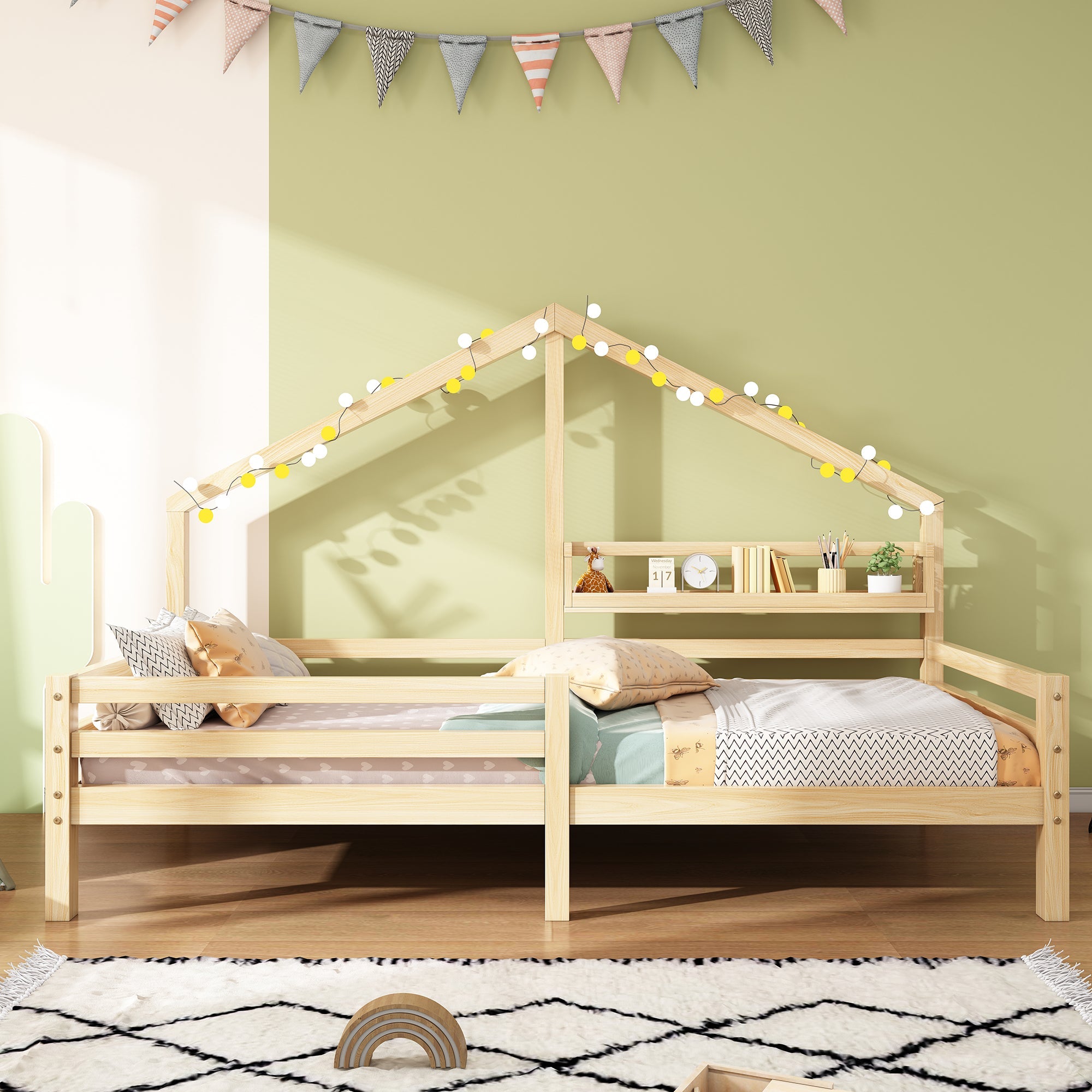 Logidon huisbed kinderbed 90x200 naturel met plank plank schouwvorm