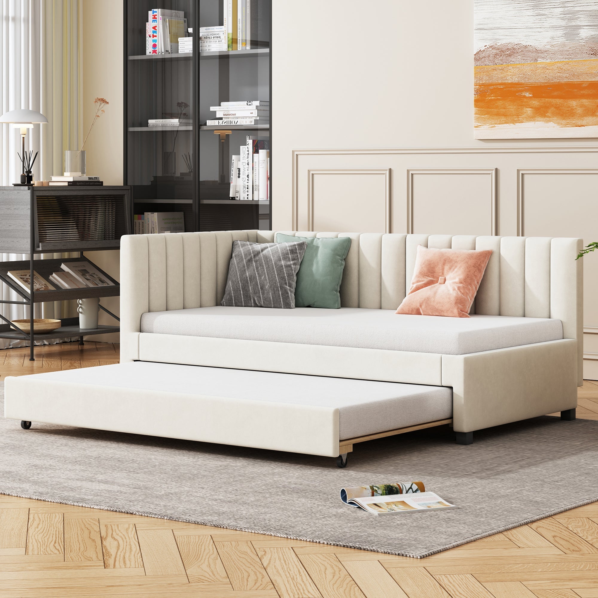 Logidon gestoffeerd bed 90x200 beige fluwelen stof uitschuifbare slaapbank