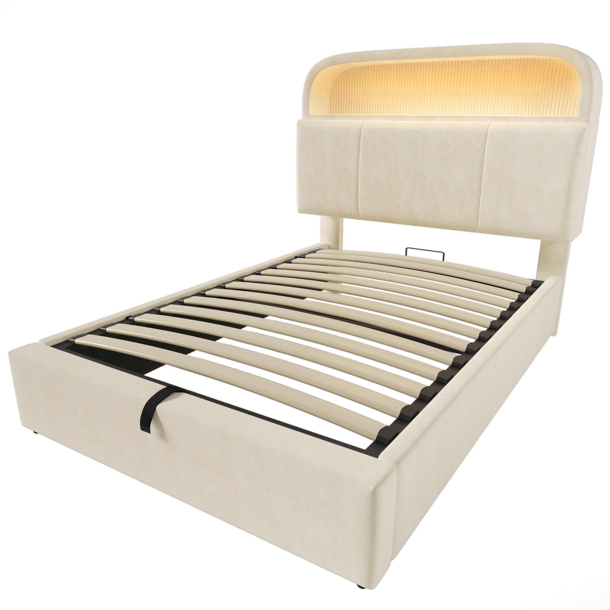 Logidon gestoffeerd bed 90x200 cm beige fluweel met opbergruimte hoofdbord, LED