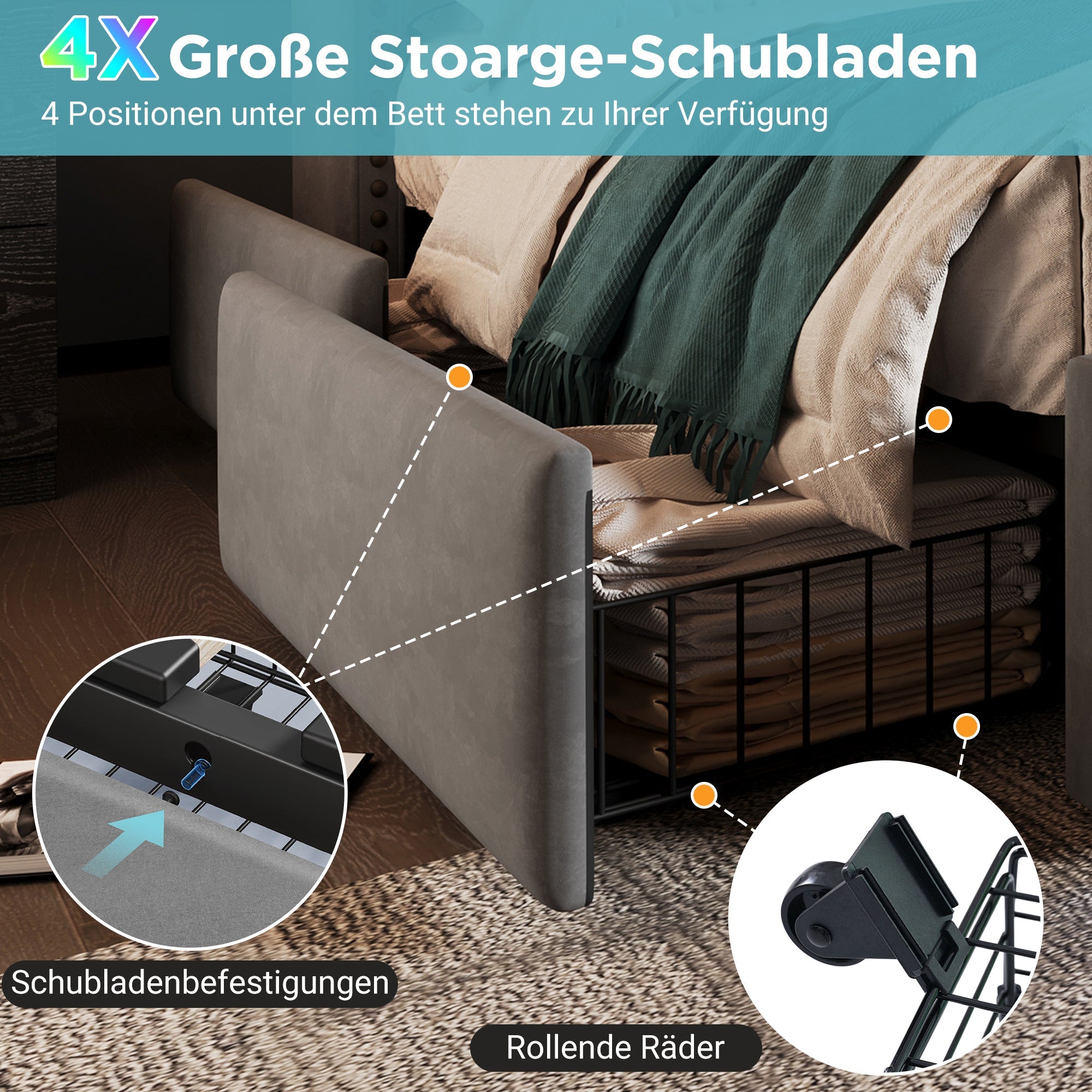 Logidon gestoffeerd bed 140x200 grijs fluweel met 4 lades en USB C