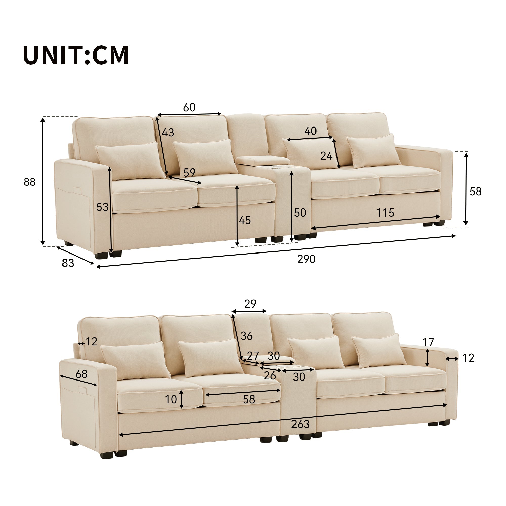 Logidon Modern 4 Seater Sofa Made of Beige Linen Fabric with Console