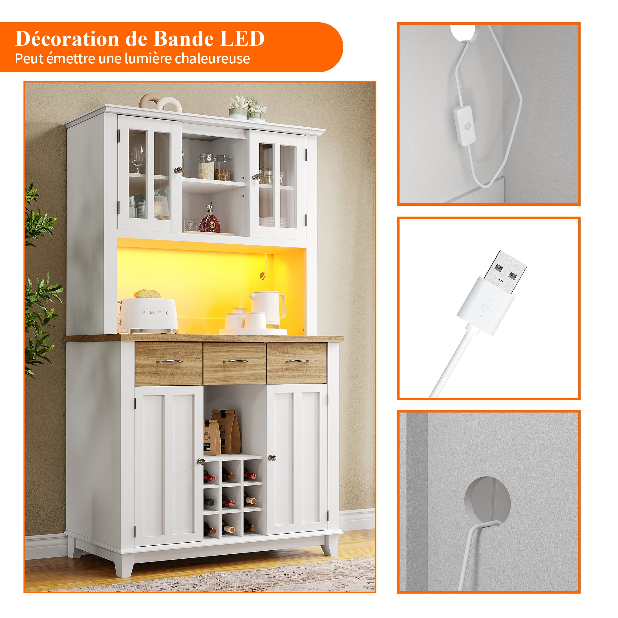Logidon keukenkast vitrinekast 106x40x179cm met LED licht naturel wit