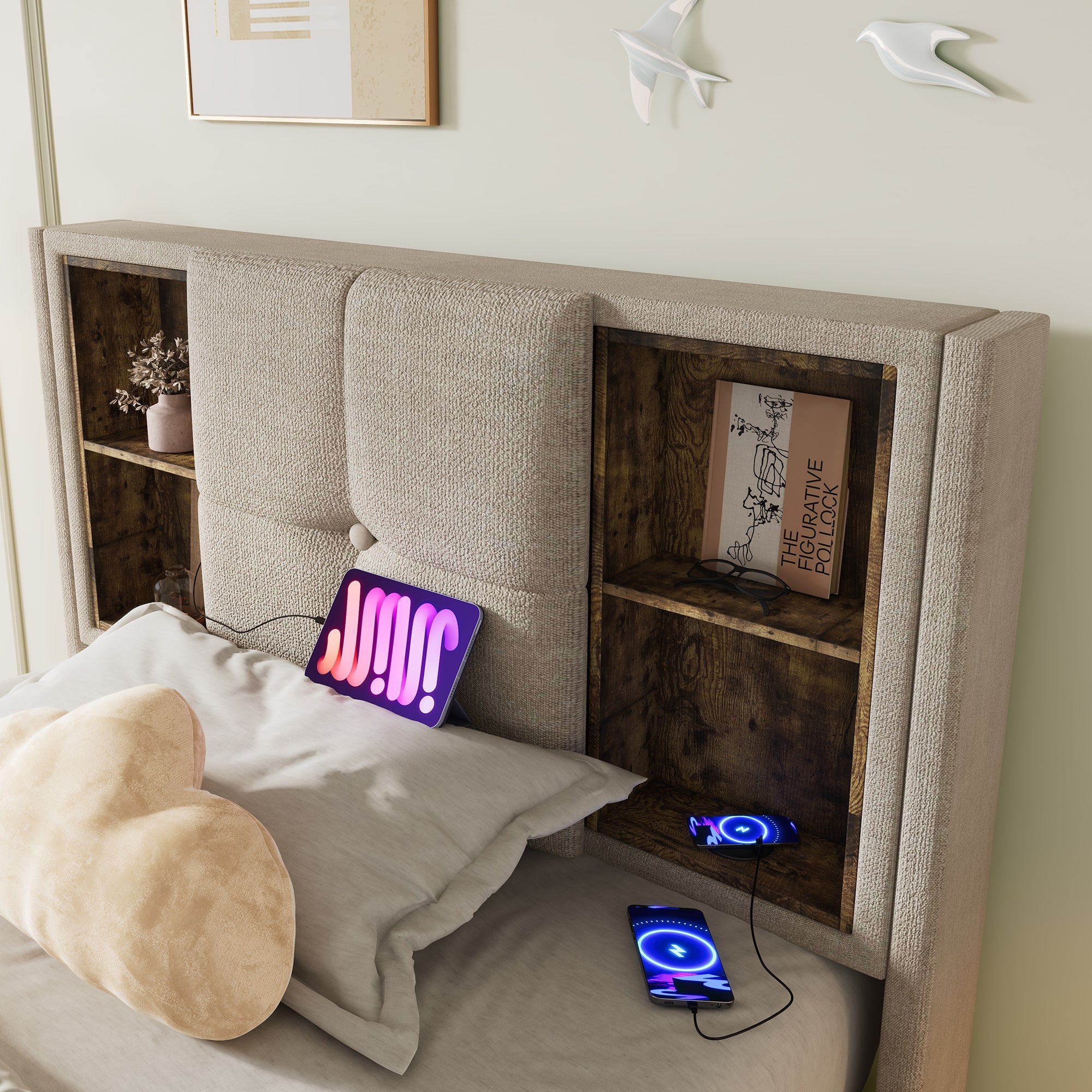 Logidon single bed 90x200 with wireless charging USB-C and storage space