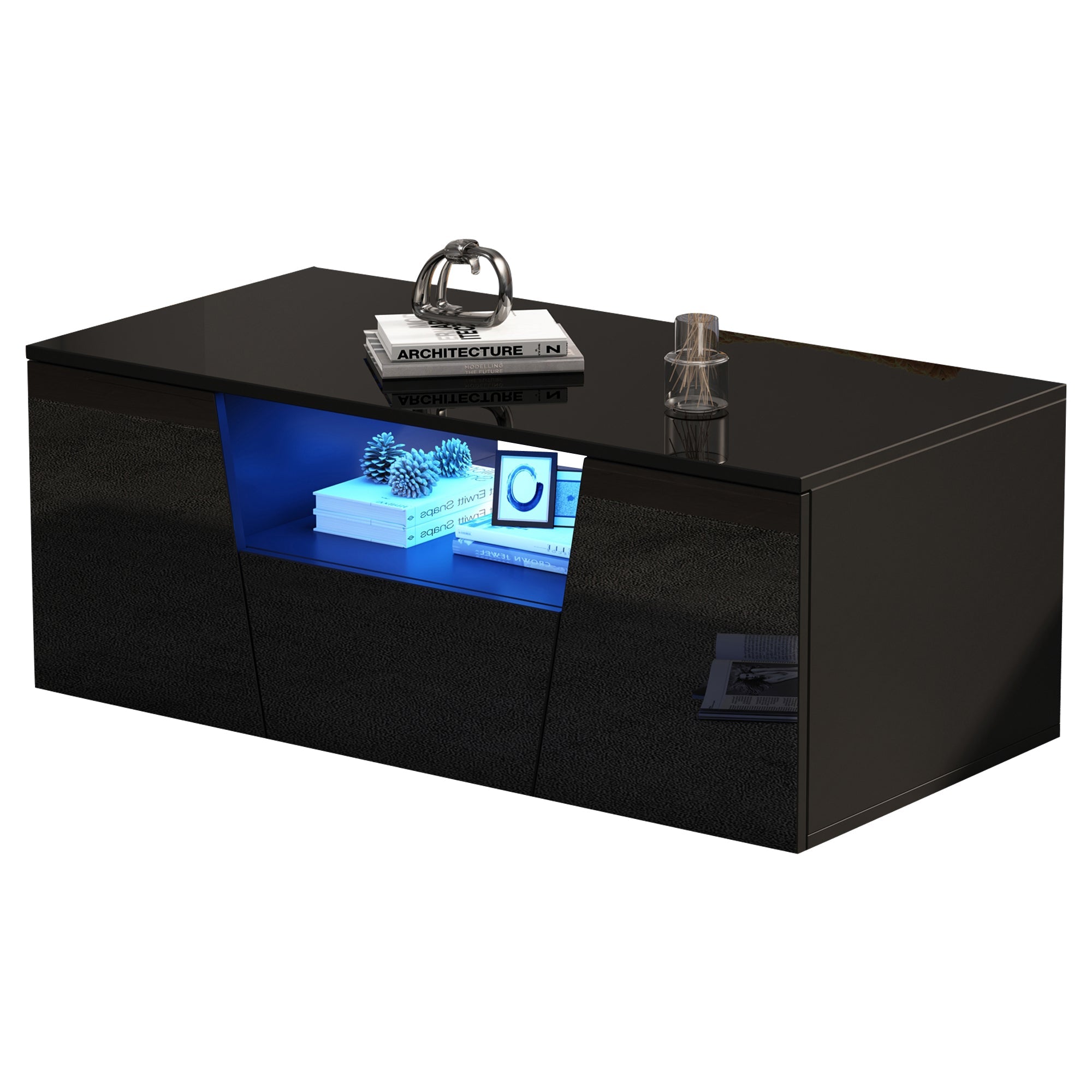 Logidon coffee table 100x50x40 cm black with LED 2 cabinets 1 drawer