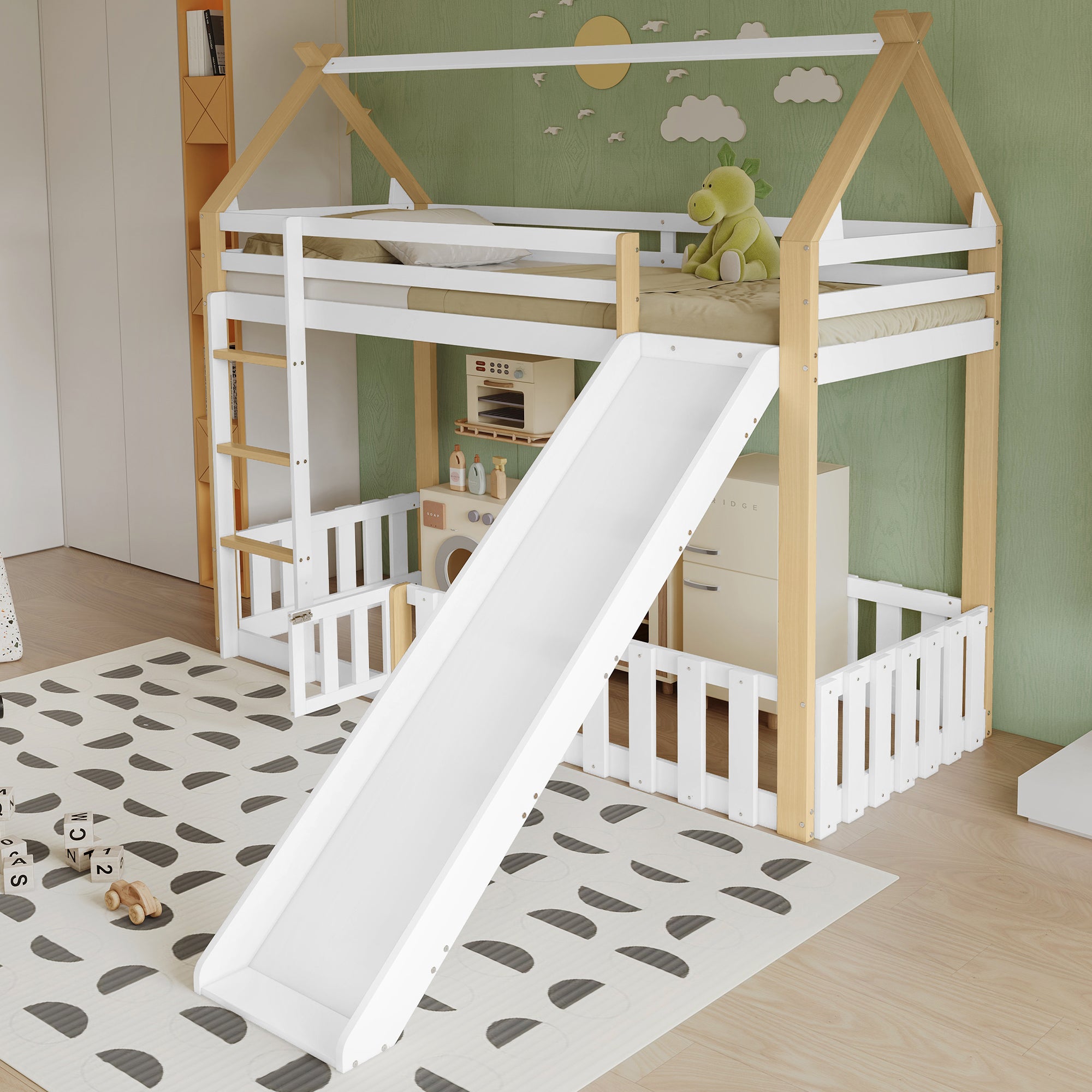 Logidon stapelbed met dakvorm en glijbaan 90x200 cm wit naturel