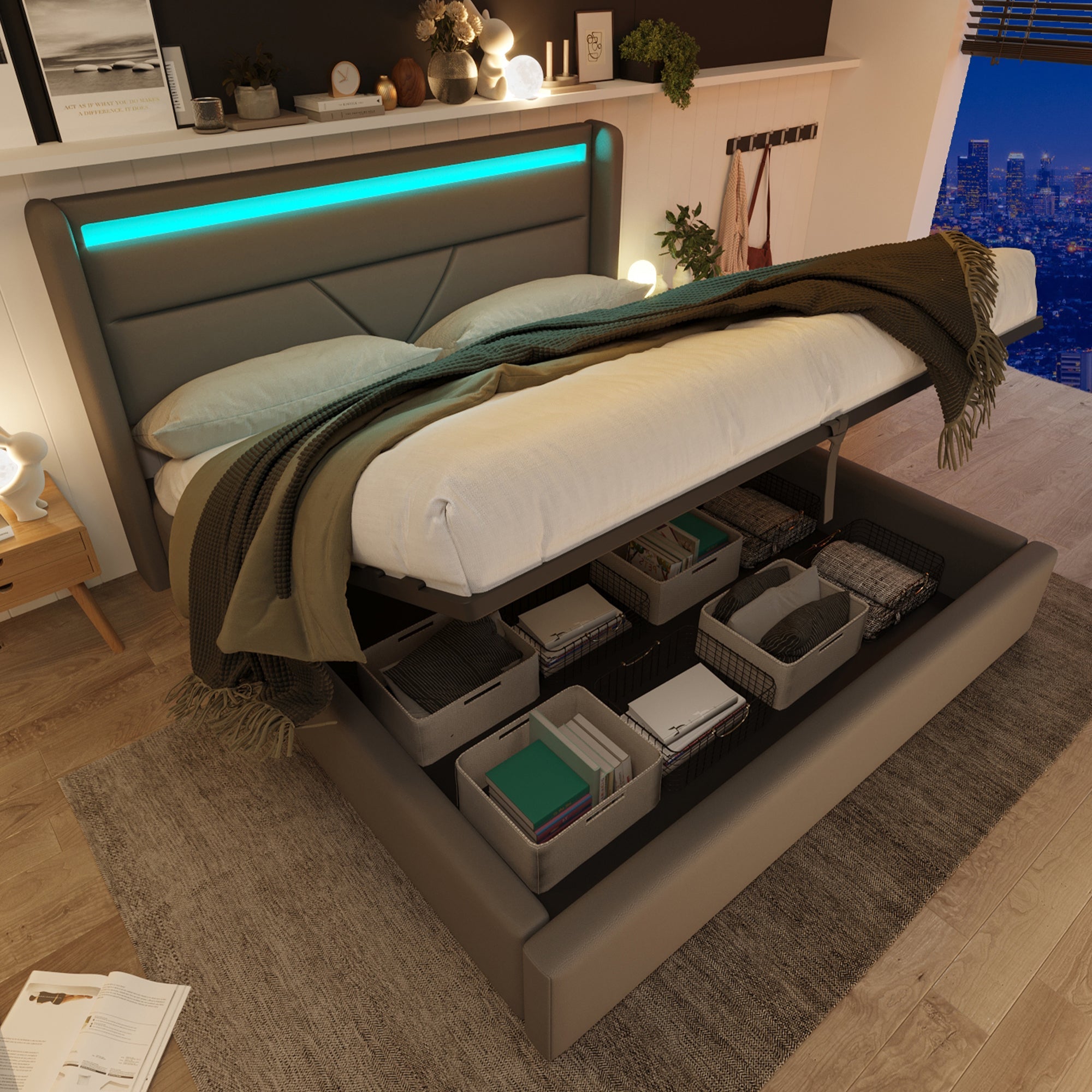 Logidon hydraulisch opbergbed 140x200 grijze LED-verlichting