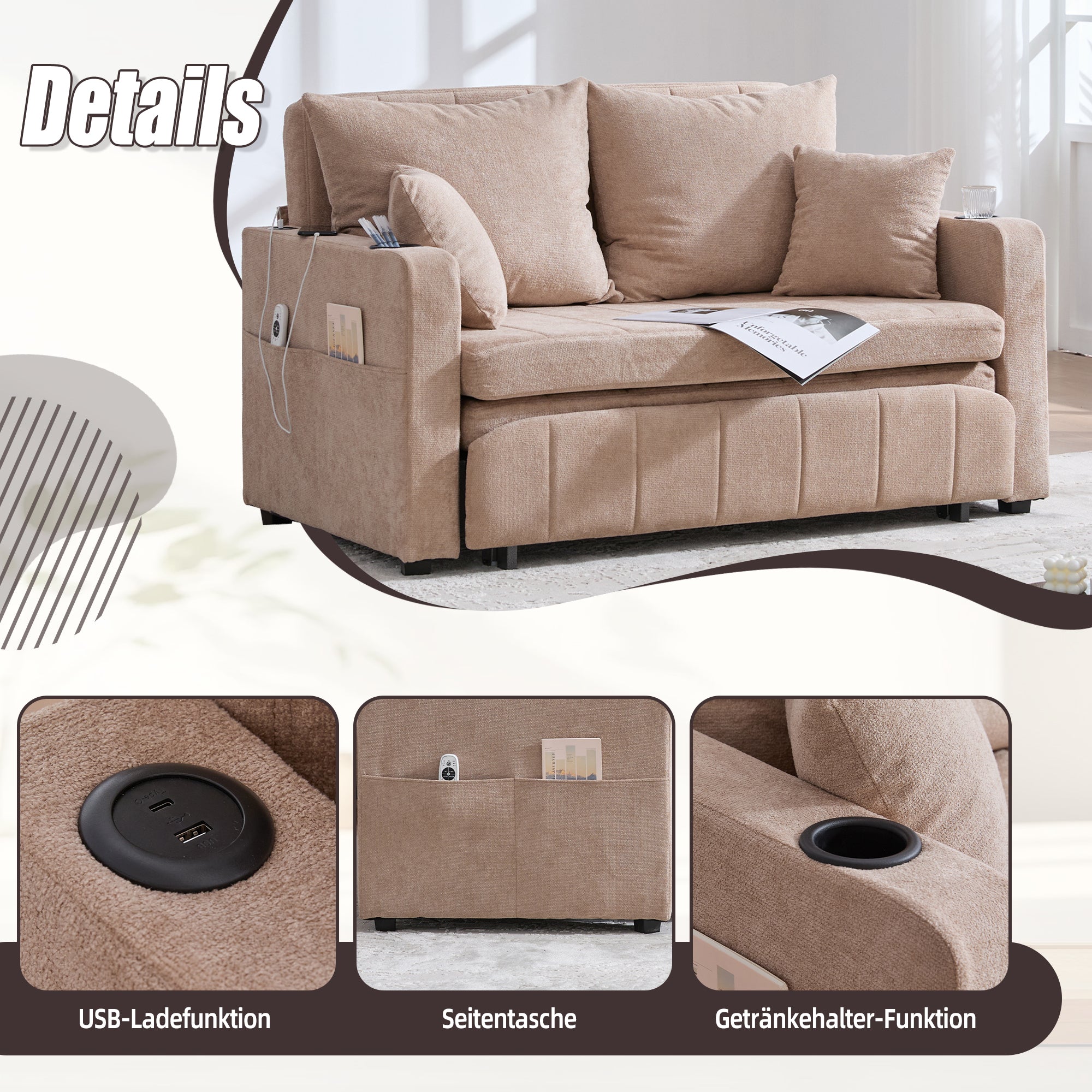 Logidon multifunctionele stoffen bank Khaki Velvet met USB-oplaadfunctie