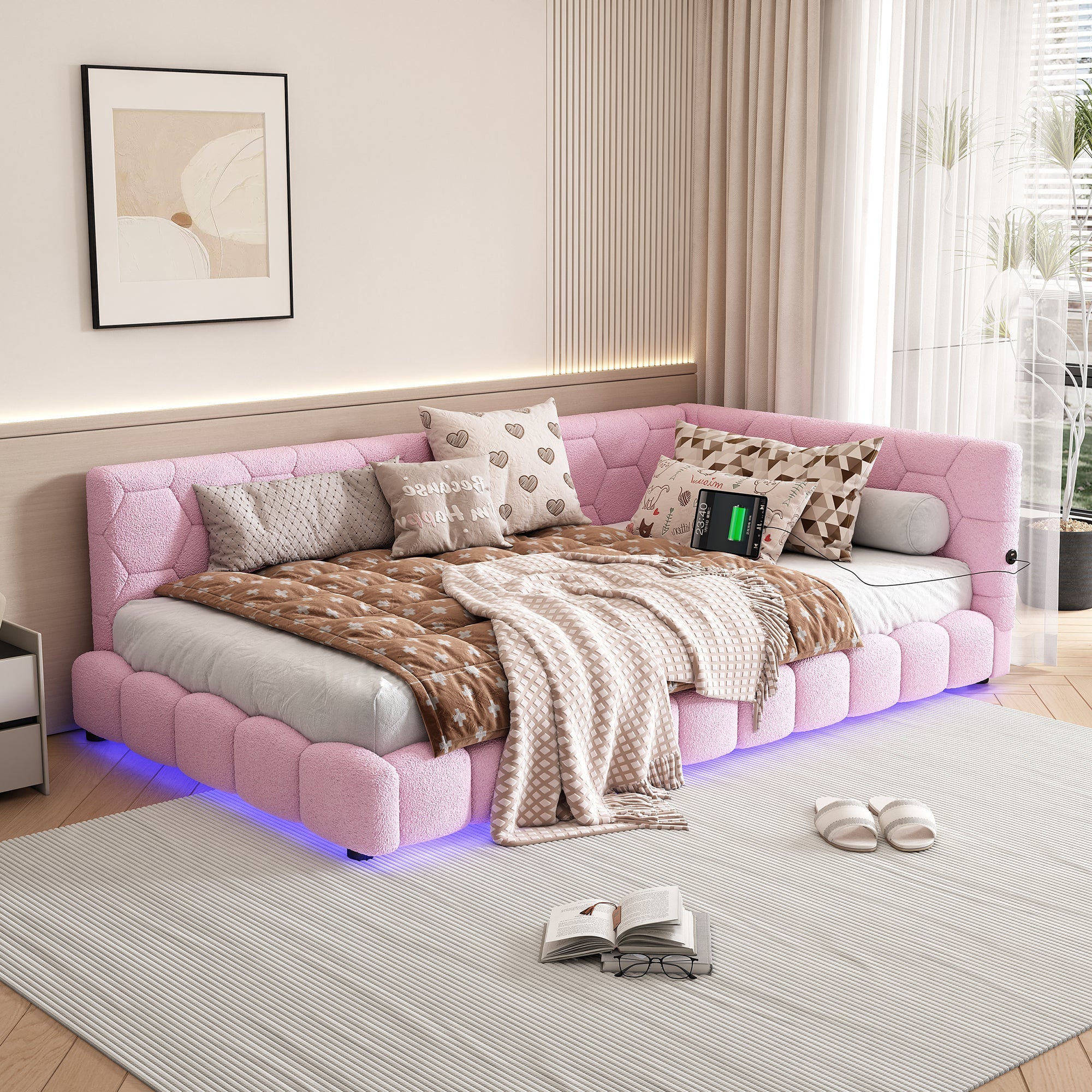 Logidon Daybed 90x200 roze slaapbank met USB TypeC lichte kleuren