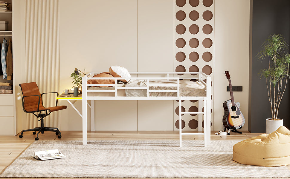 Logidon vlakbed metalen bed 140x200 witte reling LED-lichtstrip