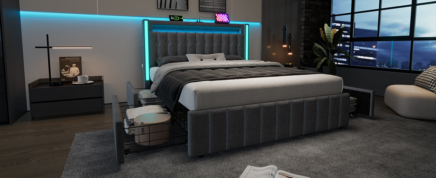 Logidon upholstered bed 160x200 USB C charging function LED lighting 4 drawers gray