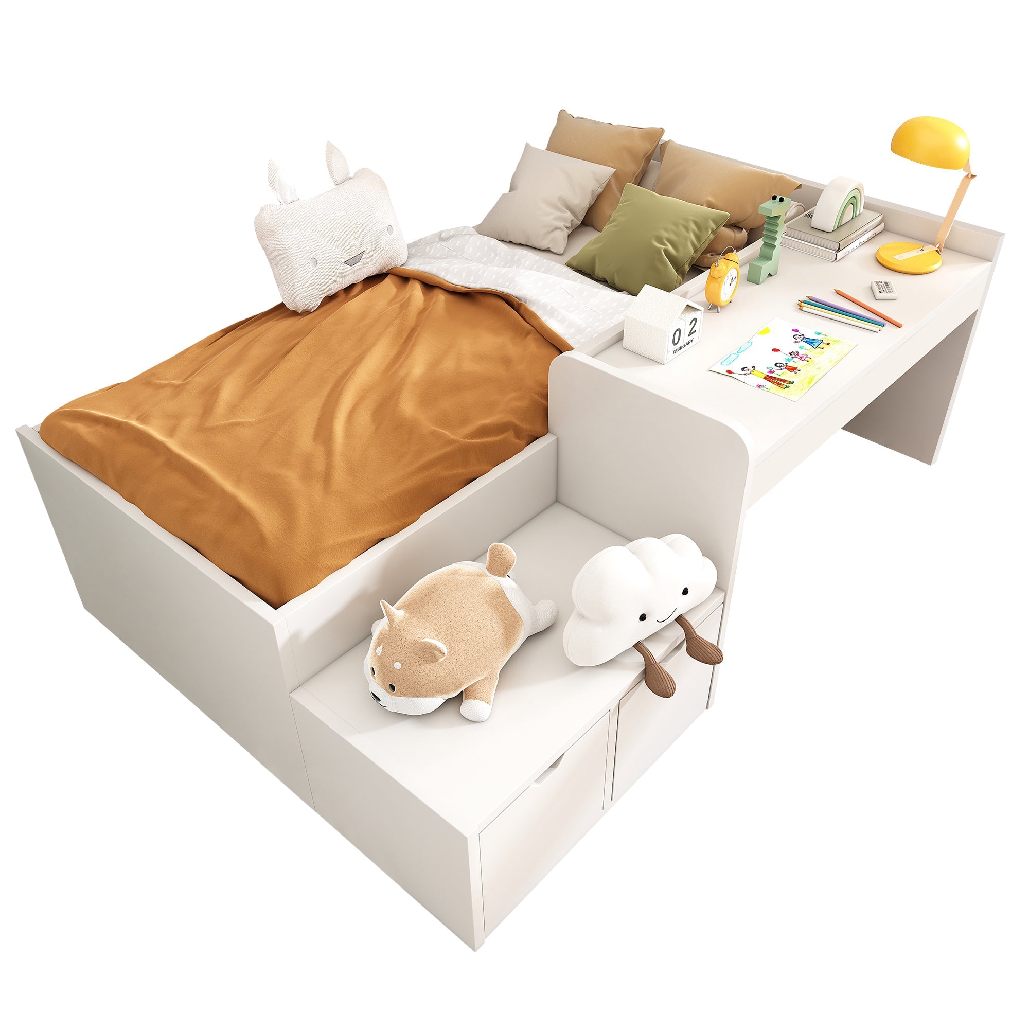 Logidon kinderbed 90x200 massief hout wit met bureau en opbergruimte