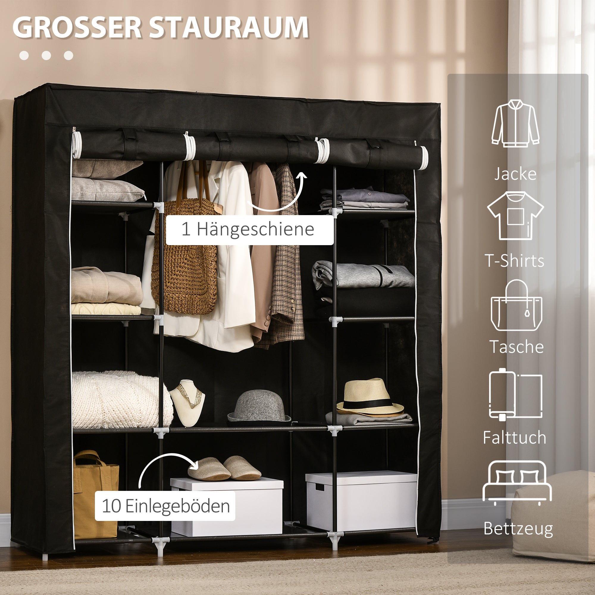 Logidon stoffen kledingkast met ritssluiting zwart 150x43x162 cm
