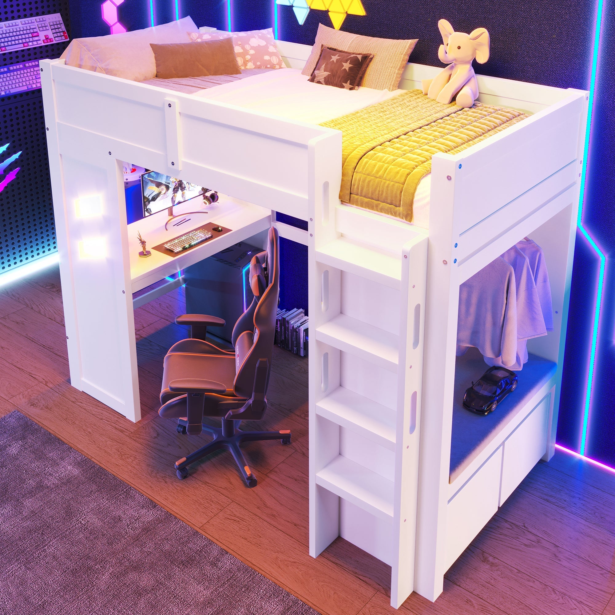 Logidon hoogslaper 90x200cm gamingbed met bureau USB Type C wit