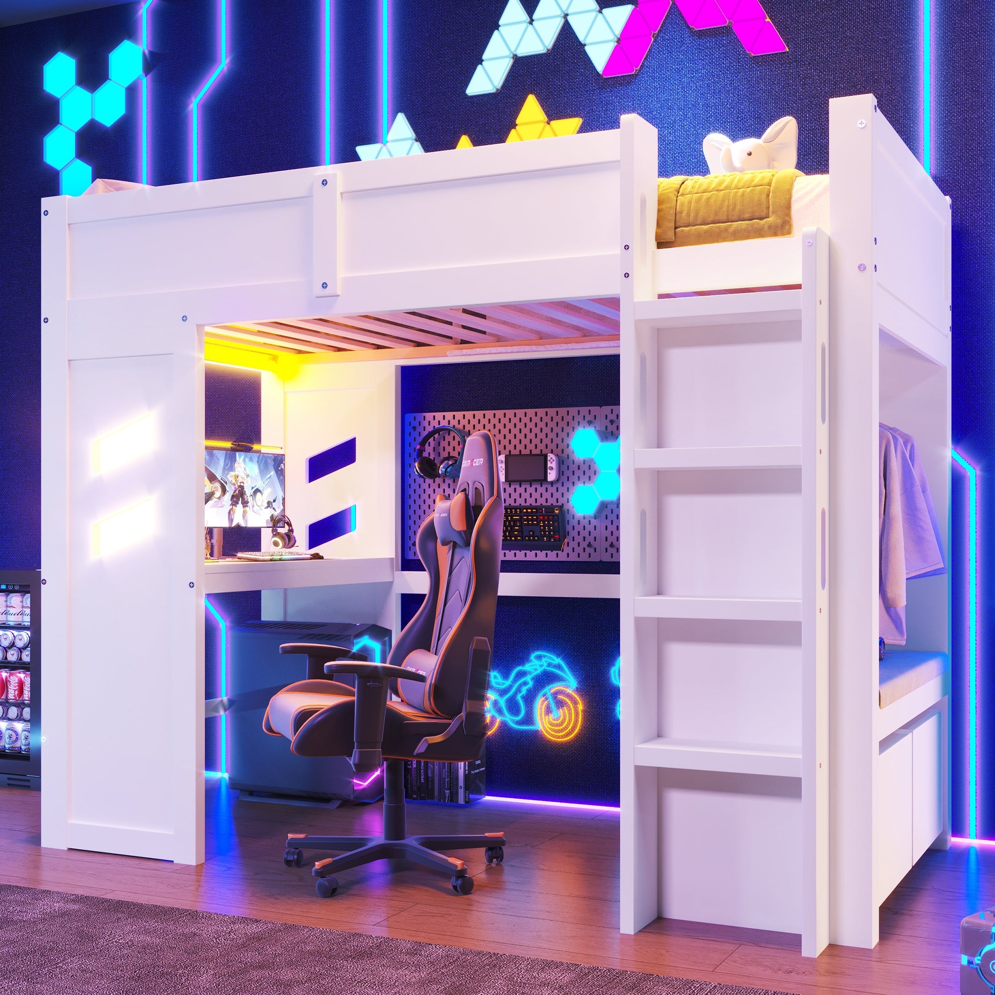Logidon hoogslaper 90x200cm gamingbed met bureau USB Type C wit