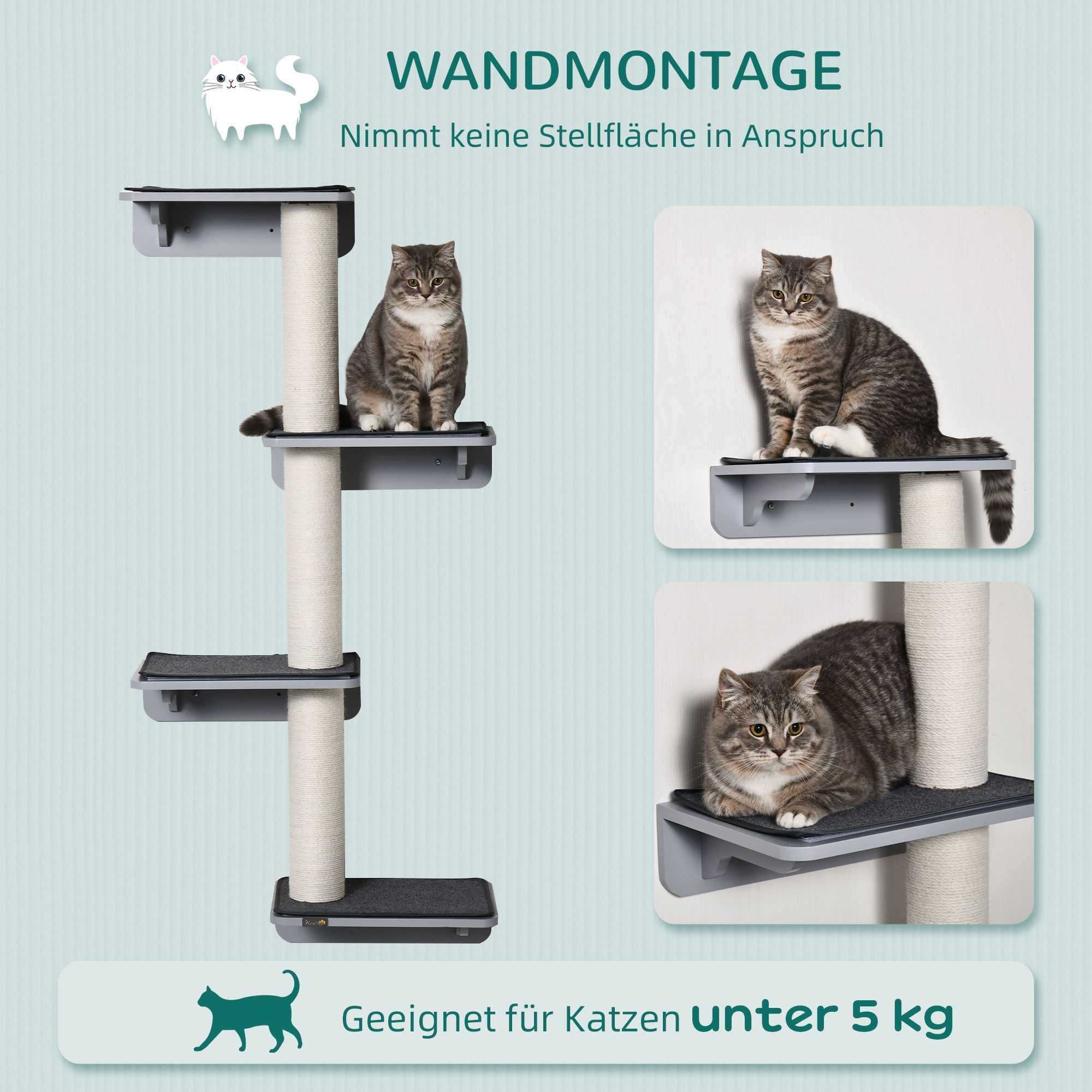 Logidon Wandkrabpaal Kattenwand 137cm Lichtgrijs Beige met 4 plateaus