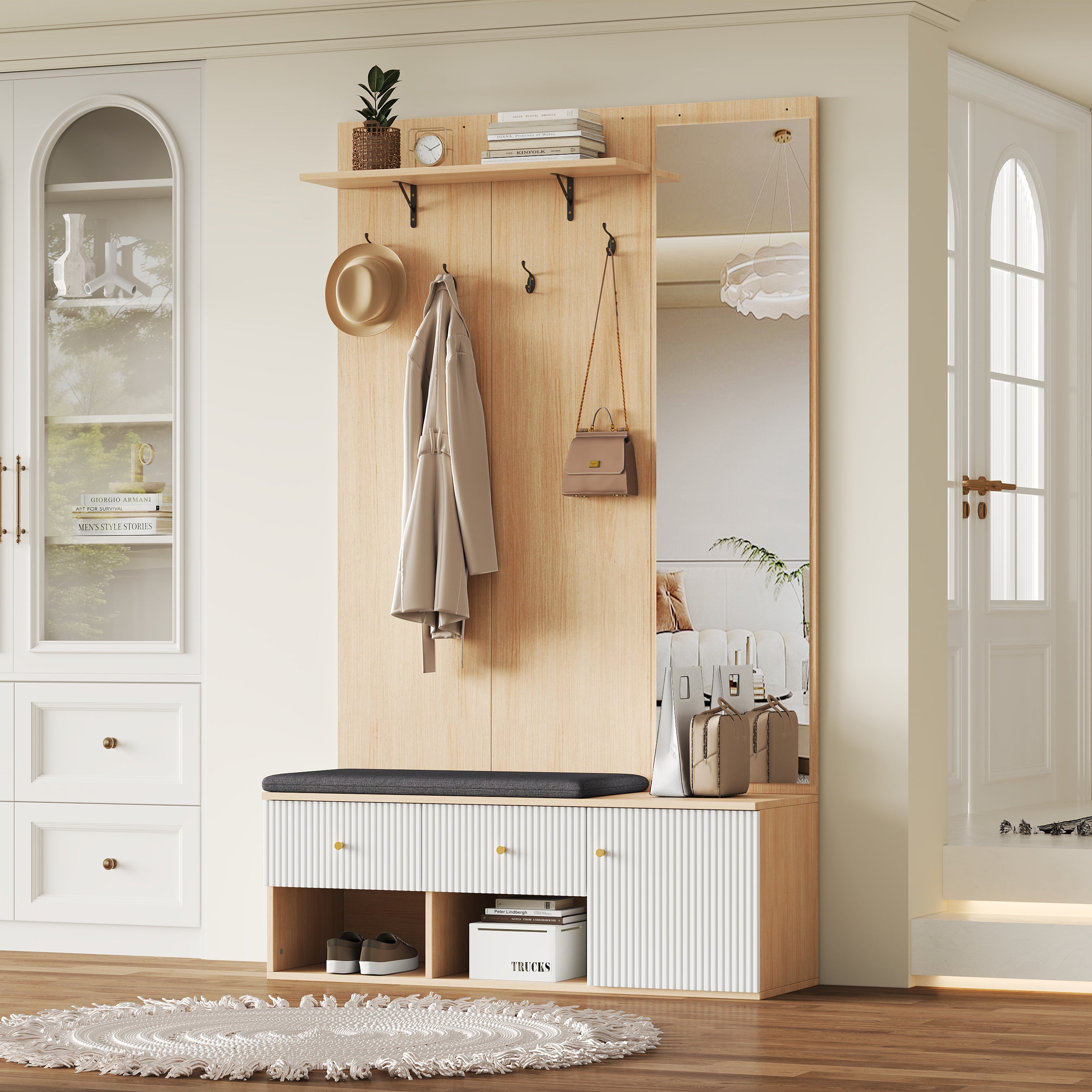 Logidon garderobekast 120x40x200 cm spiegel schoenenbank wit hout