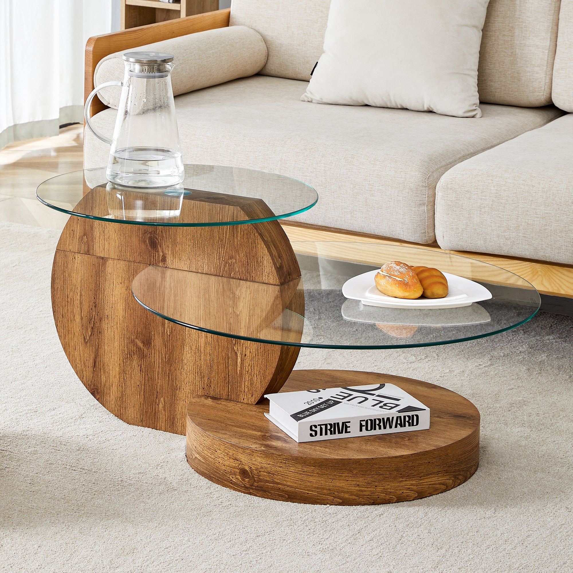 Logidon Moderne Glazen Salontafel Houtstructuur Meerlaags Design MDF 90x70cm