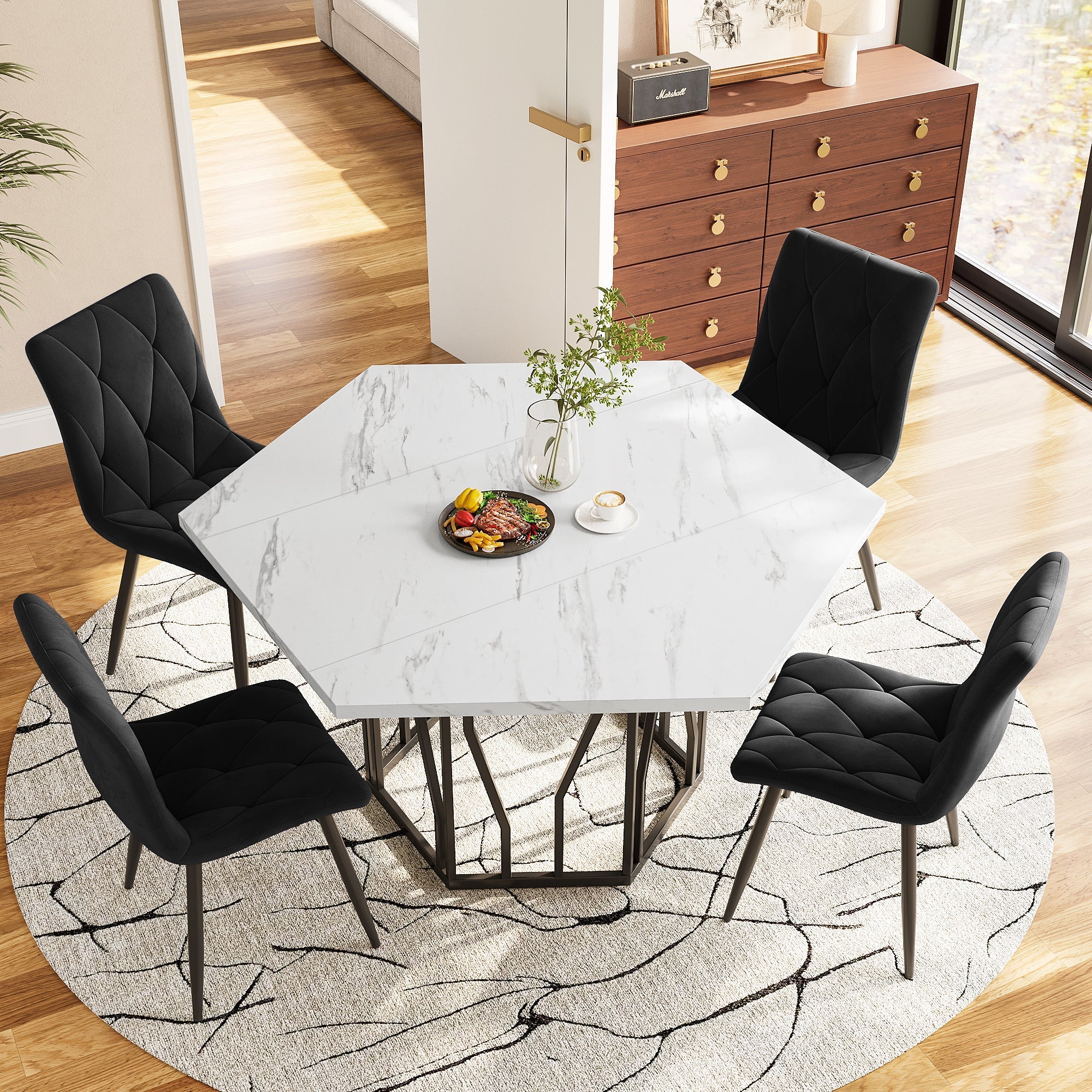 Logidon Hexagon marmeren witte eettafelset en zwart fluwelen stoelen