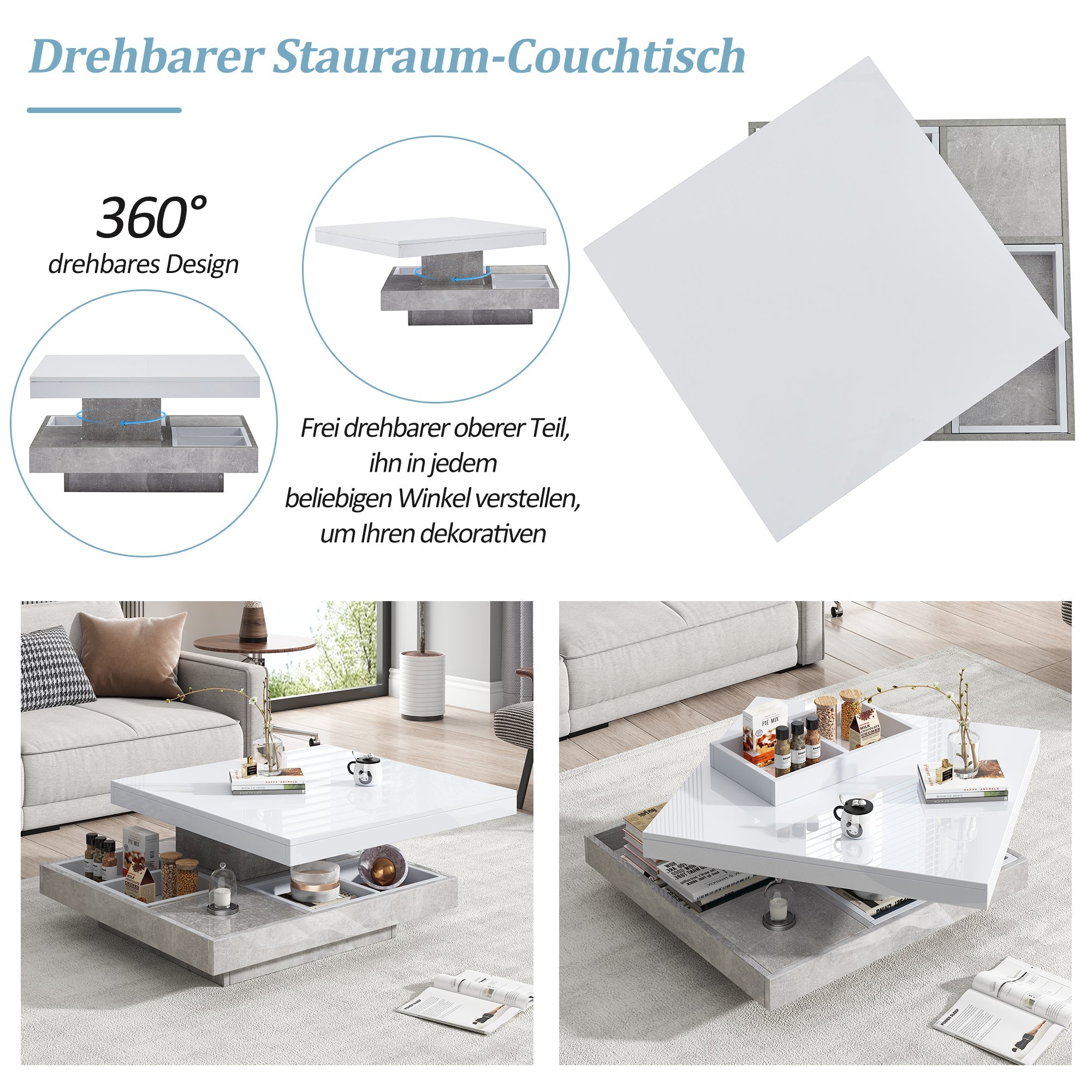 Logidon 360 graden draaibare salontafel 70x70x36 cm wit hoogglans