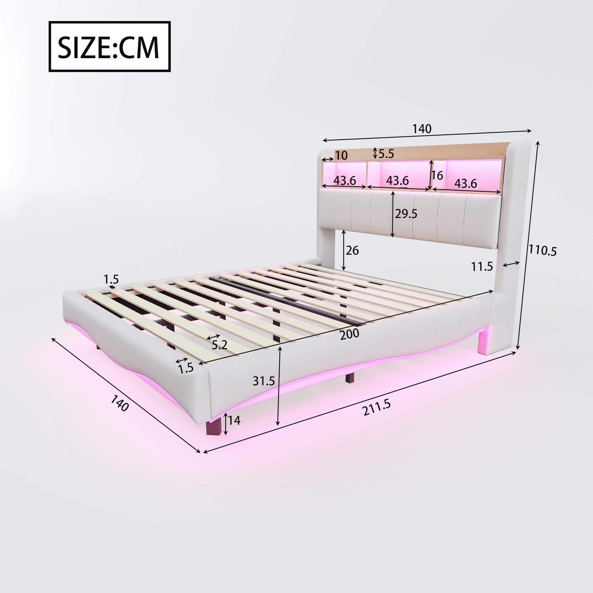 Logidon gestoffeerd bed 140x200 beige met LED-licht USB type C opbergruimte