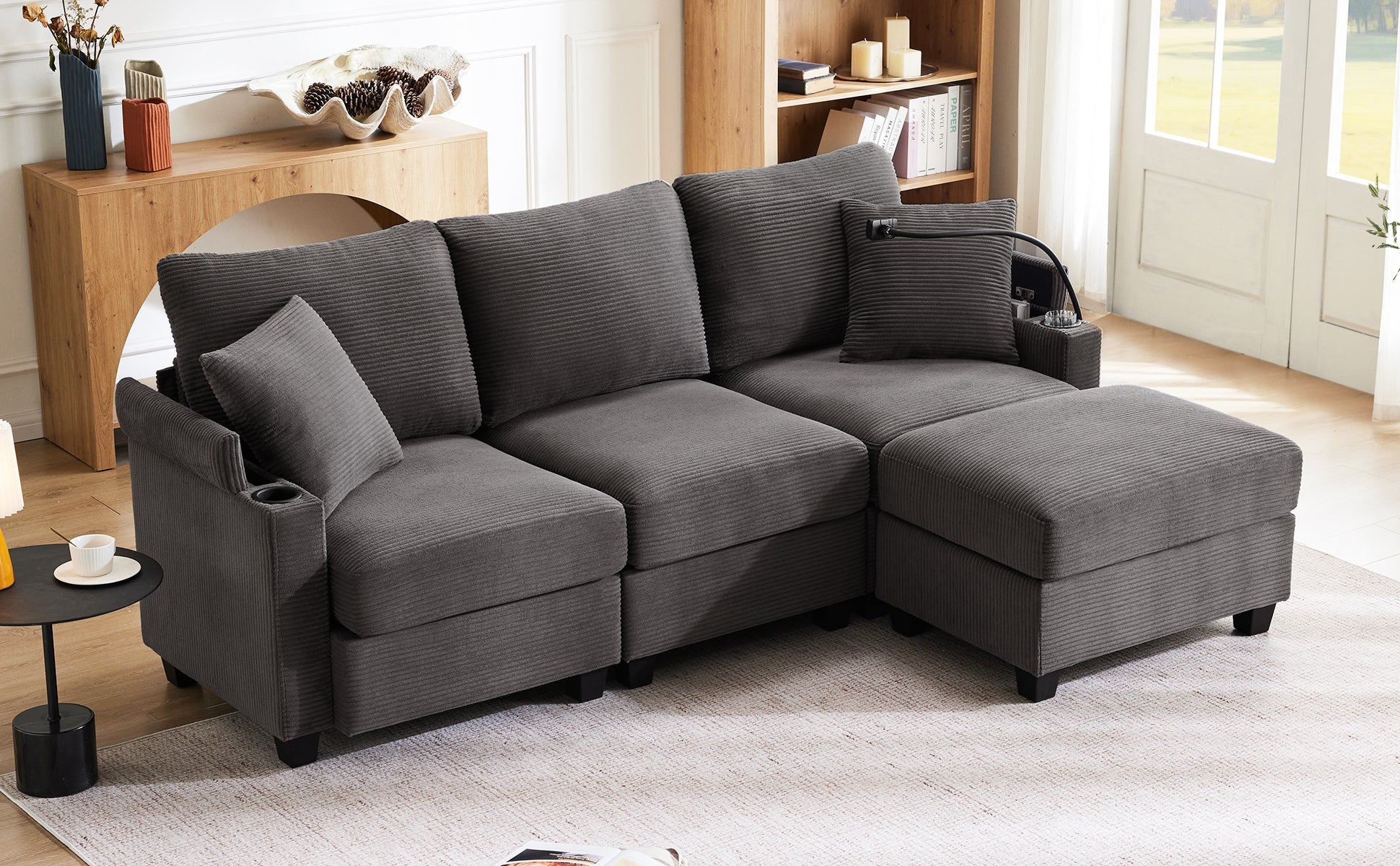 Logidon L-vorm Hoekbank Donkergrijs Corduroy Met USB-oplader