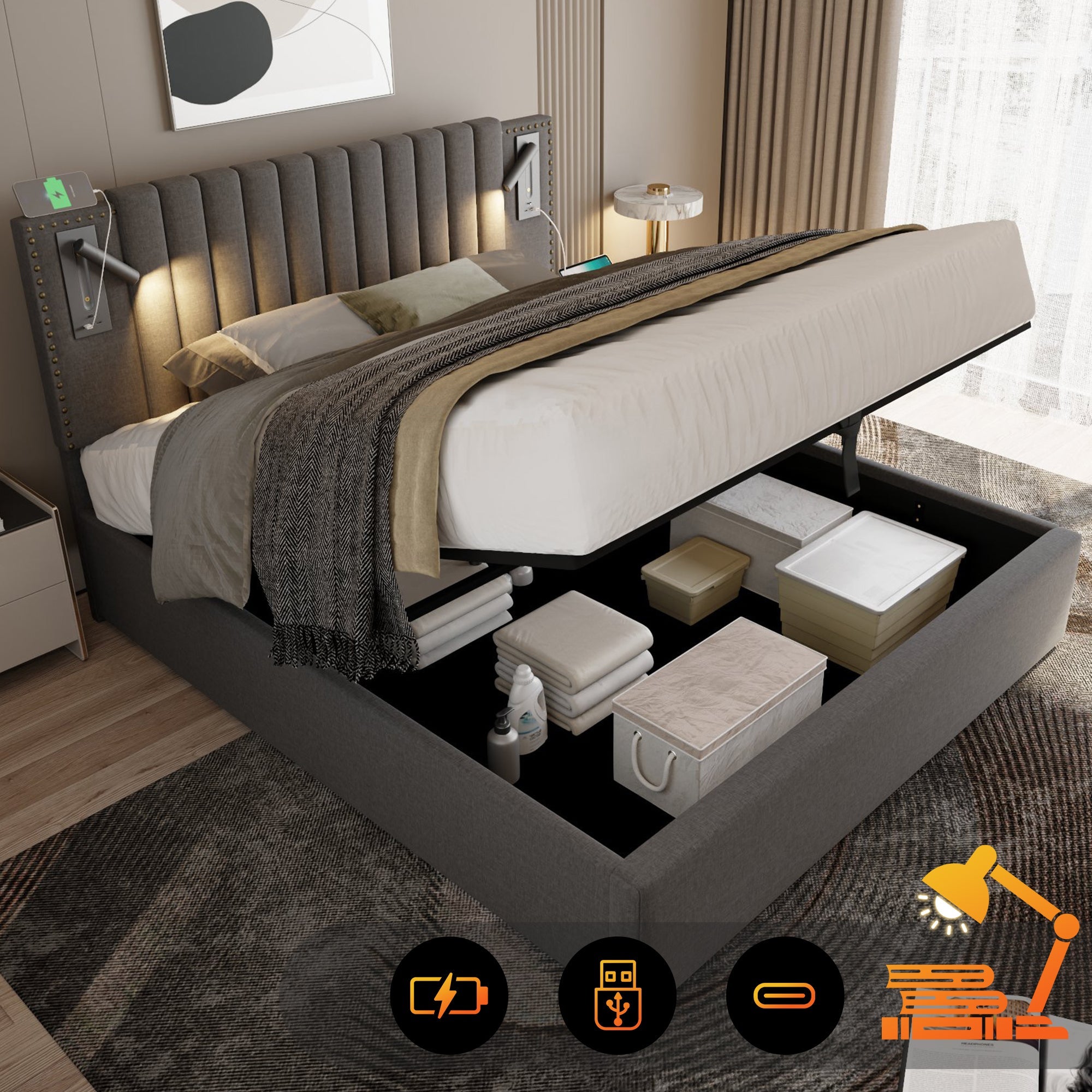 Logidon gestoffeerd bed 180x200 grijs met opbergruimte en USB-oplaadfunctie