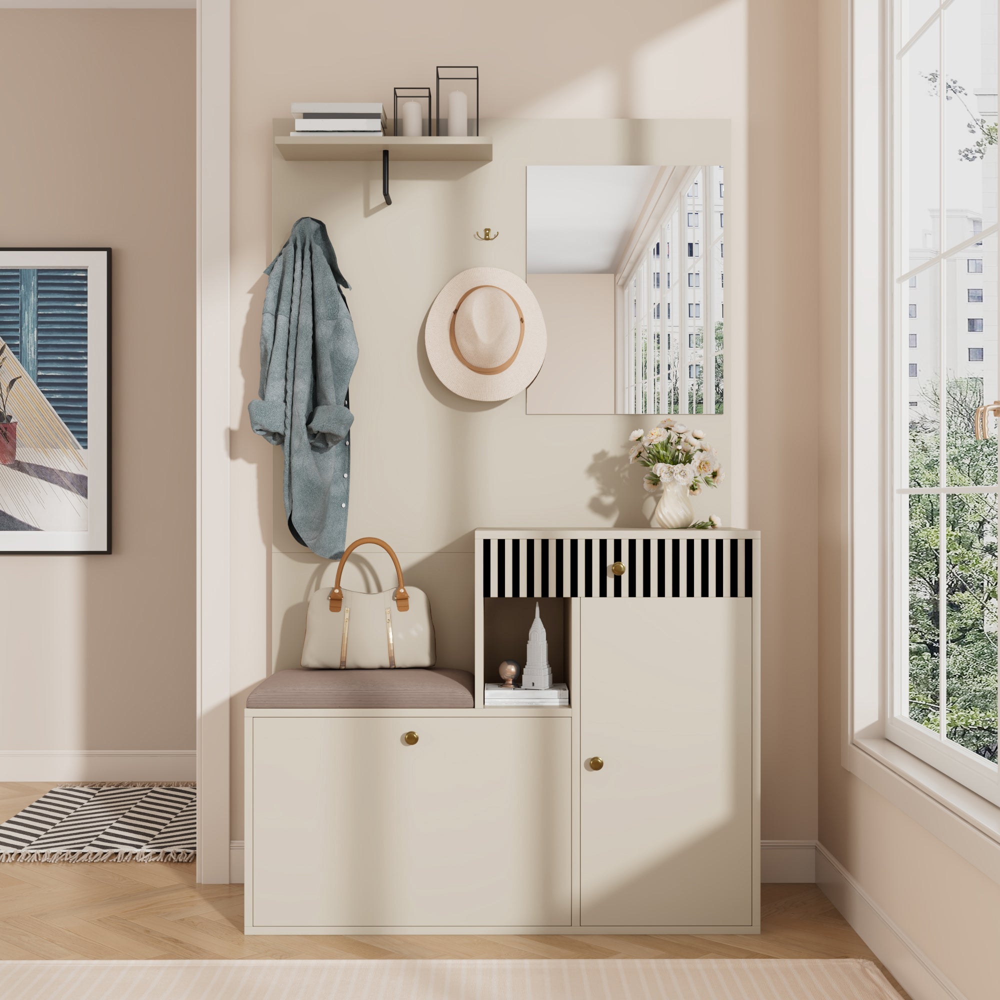 Logidon kledingkastset beige met spiegel en zitkussen 110x185x37 cm