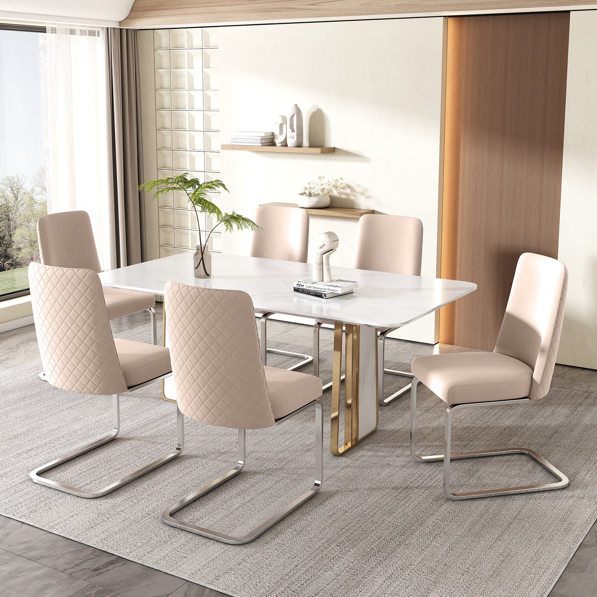 Logidon fluwelen eetkamerstoelen set van 4 beige met diamantrugdesign