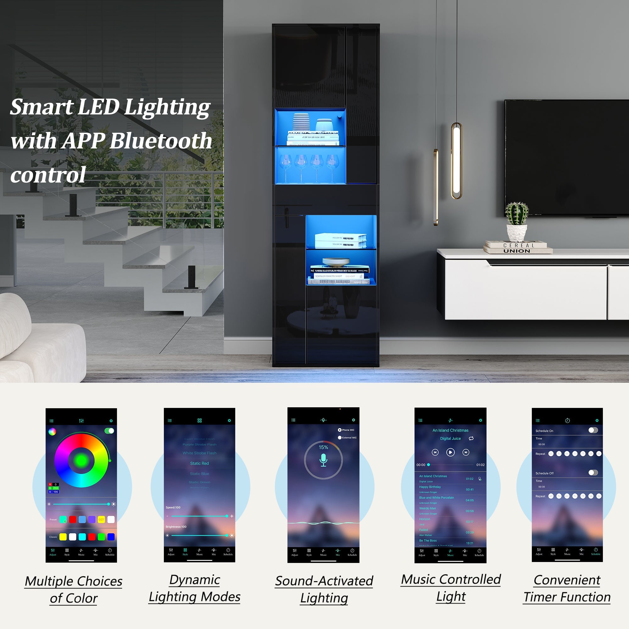Logidon zwarte hoogglans glazen vitrine 55 x 38 x 170 cm LED-verlichting