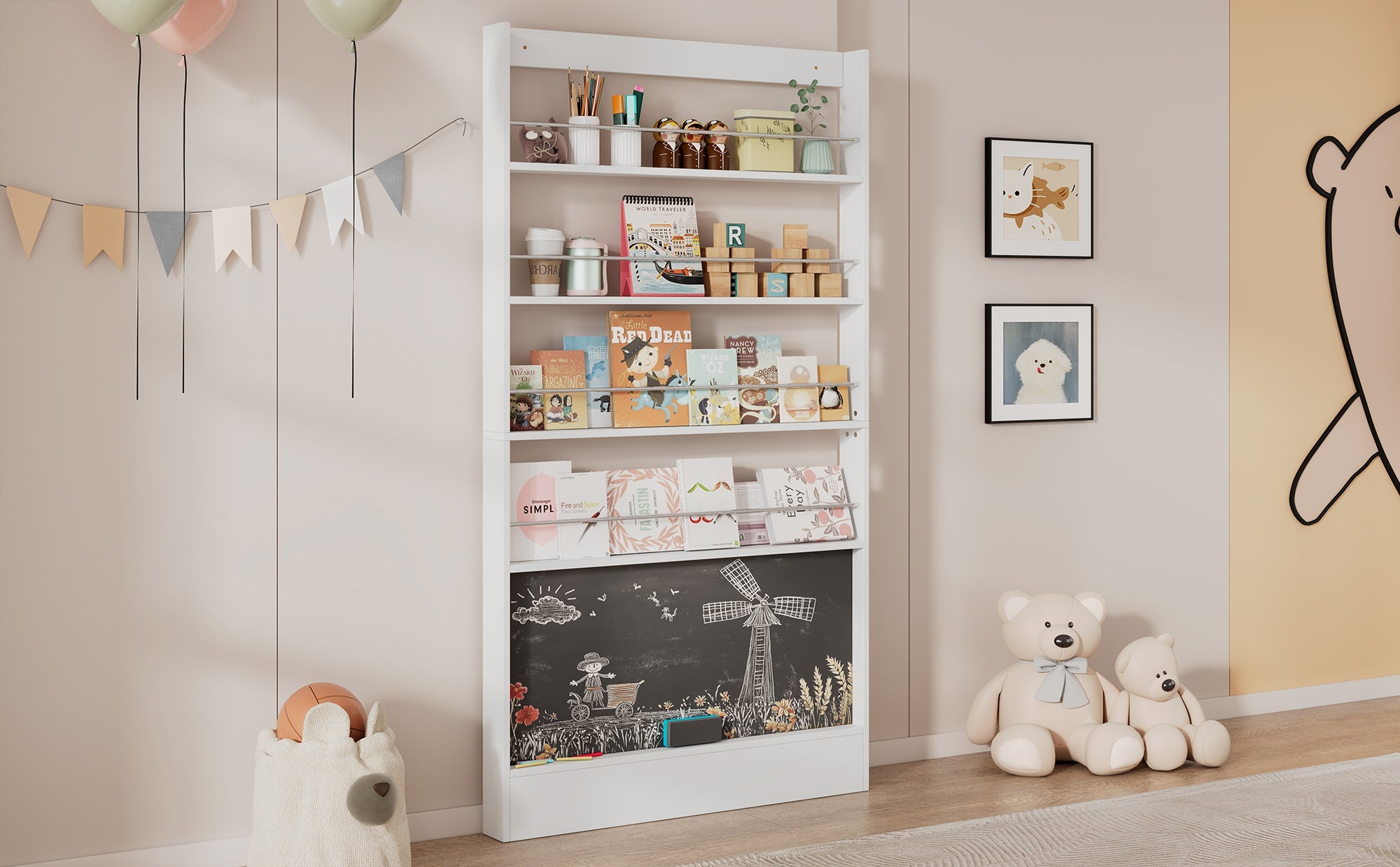 Logidon prentenboekenplank wit anti-tip zwart bord 100 x 10 x 180 cm