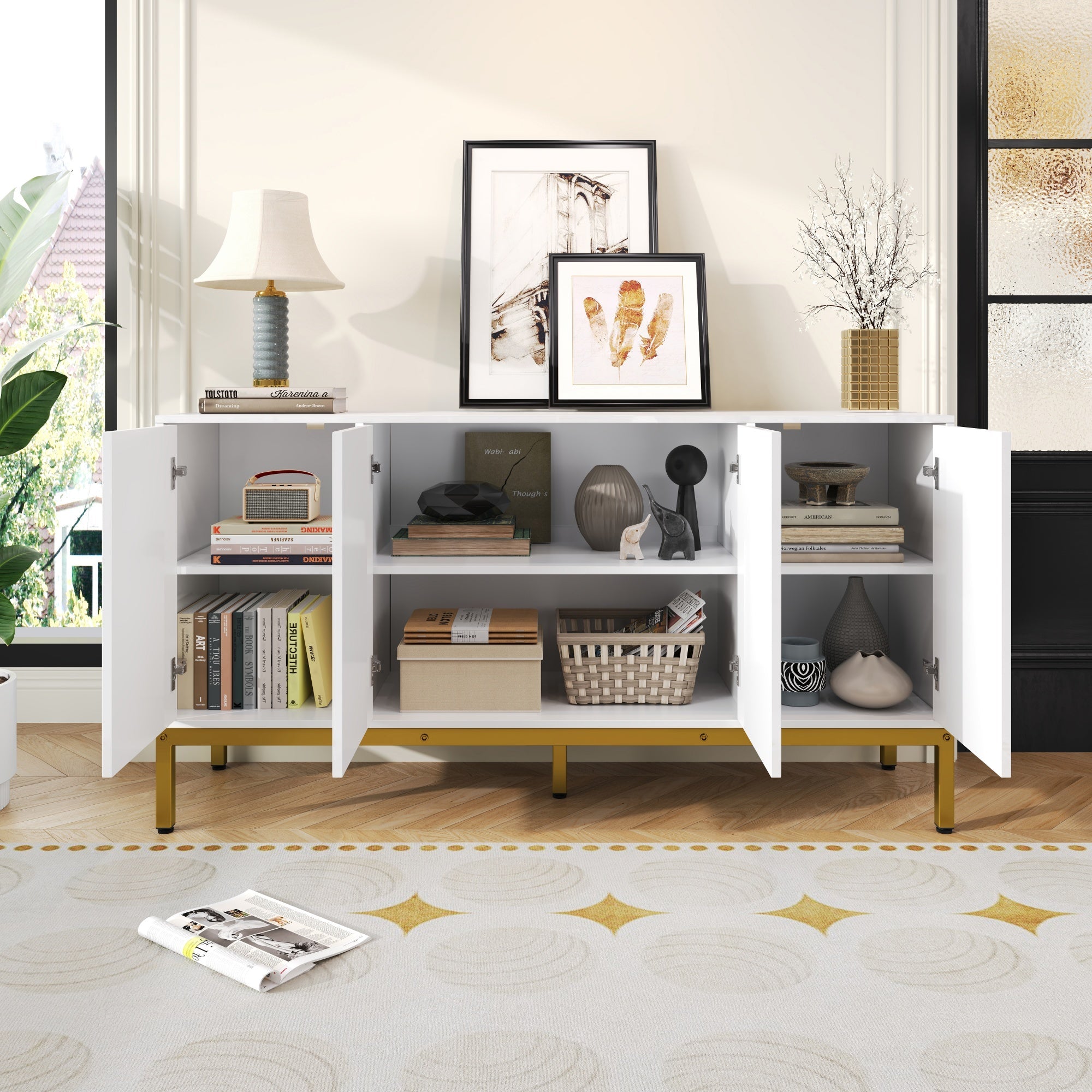 Logidon dressoir hoogglans wit 140x80x40 cm gouden handgrepen