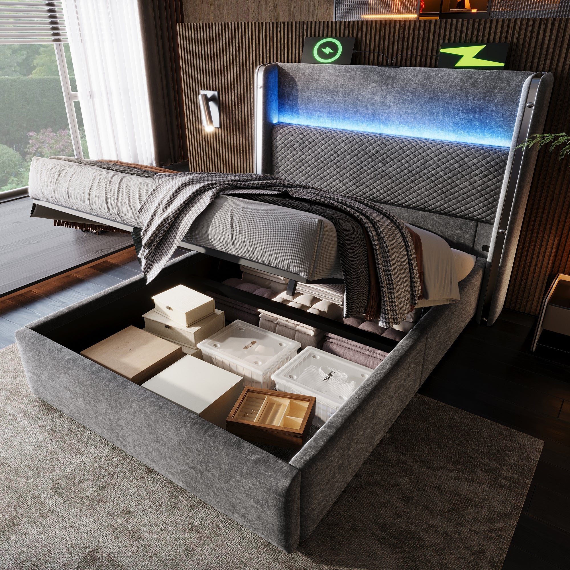 Logidon hydraulisch bed 90x200 grijs linnenlook met opbergruimte LED