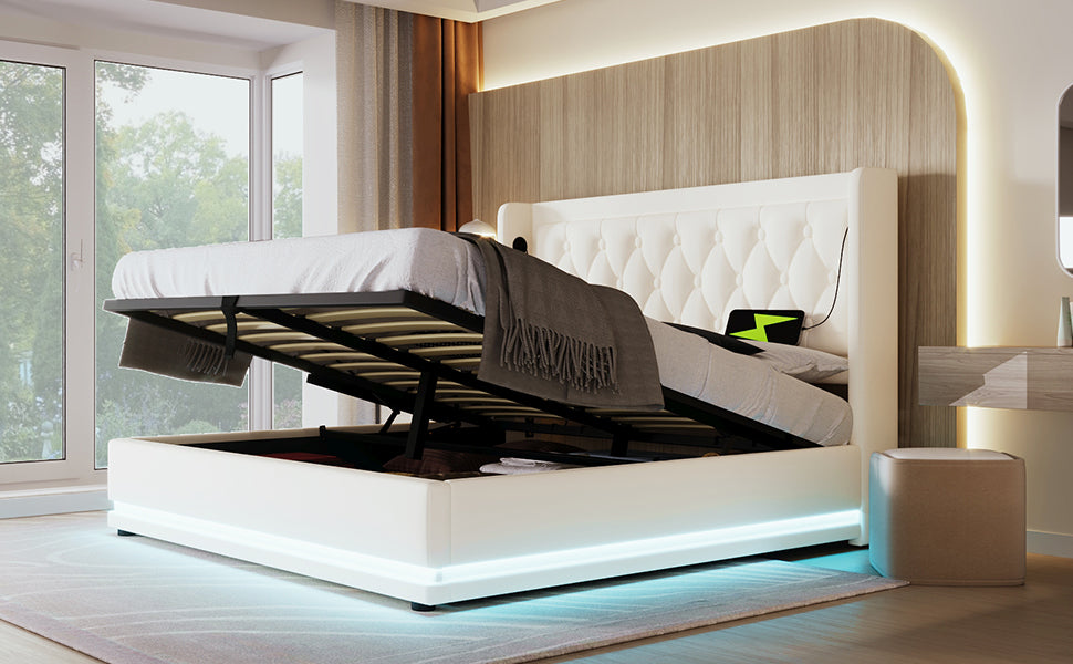 Logidon gestoffeerd bed 160x200 cm wit PU met USB Type C oplaadfunctie