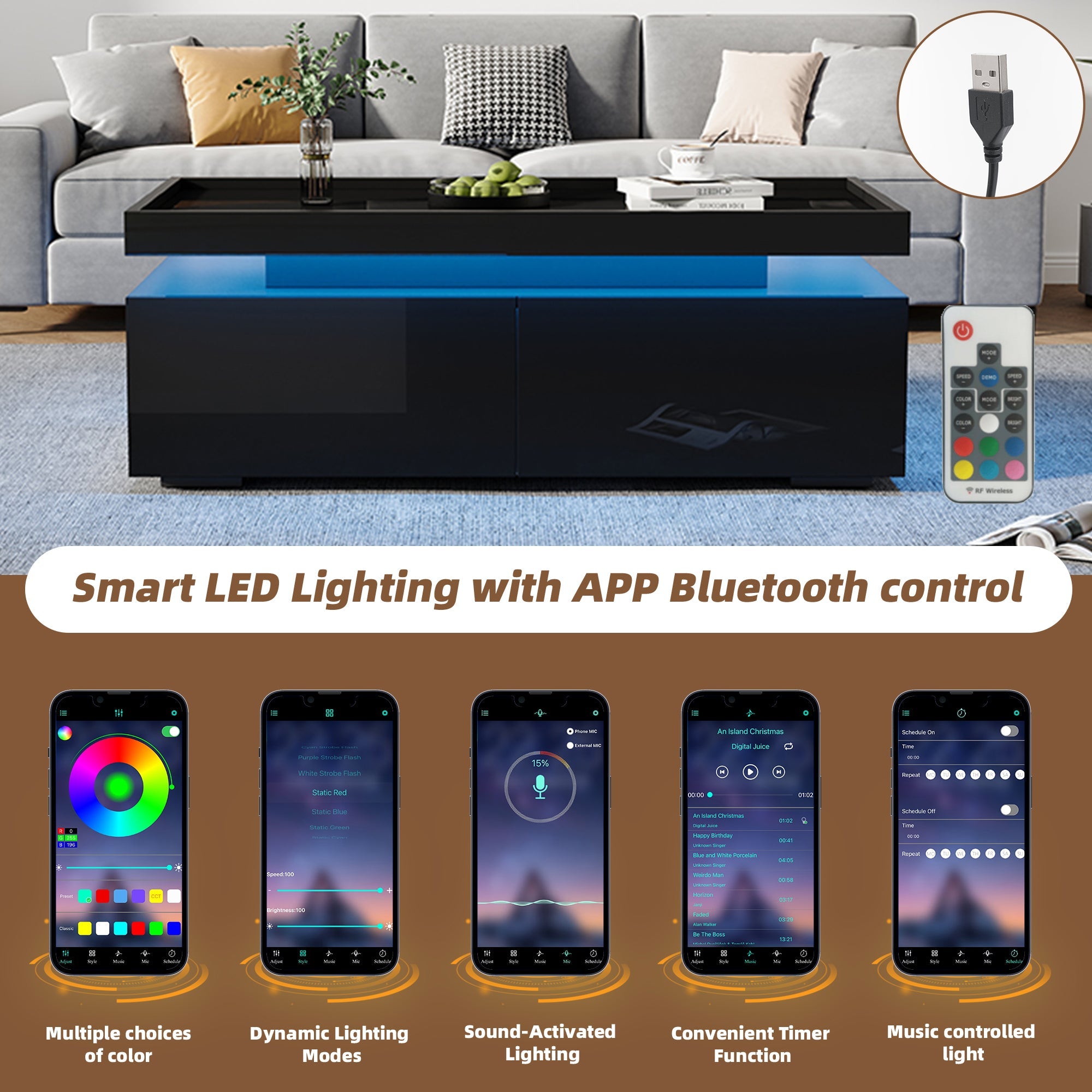 Logidon hoogglans salontafel 95x45x35 cm met LED verlichting zwart