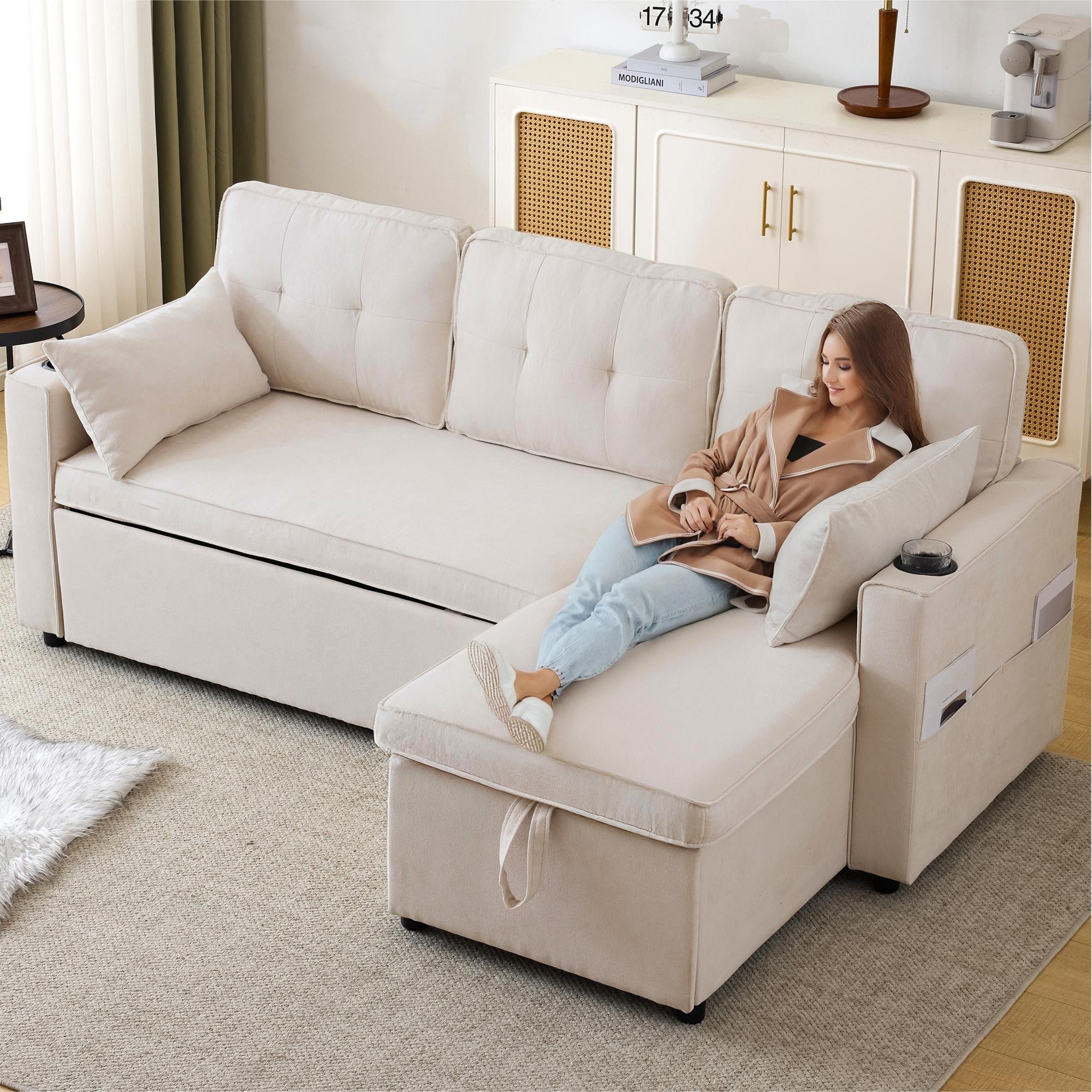 Logidon slaapbank L-vorm beige stof met opbergruimte en bekerhouder