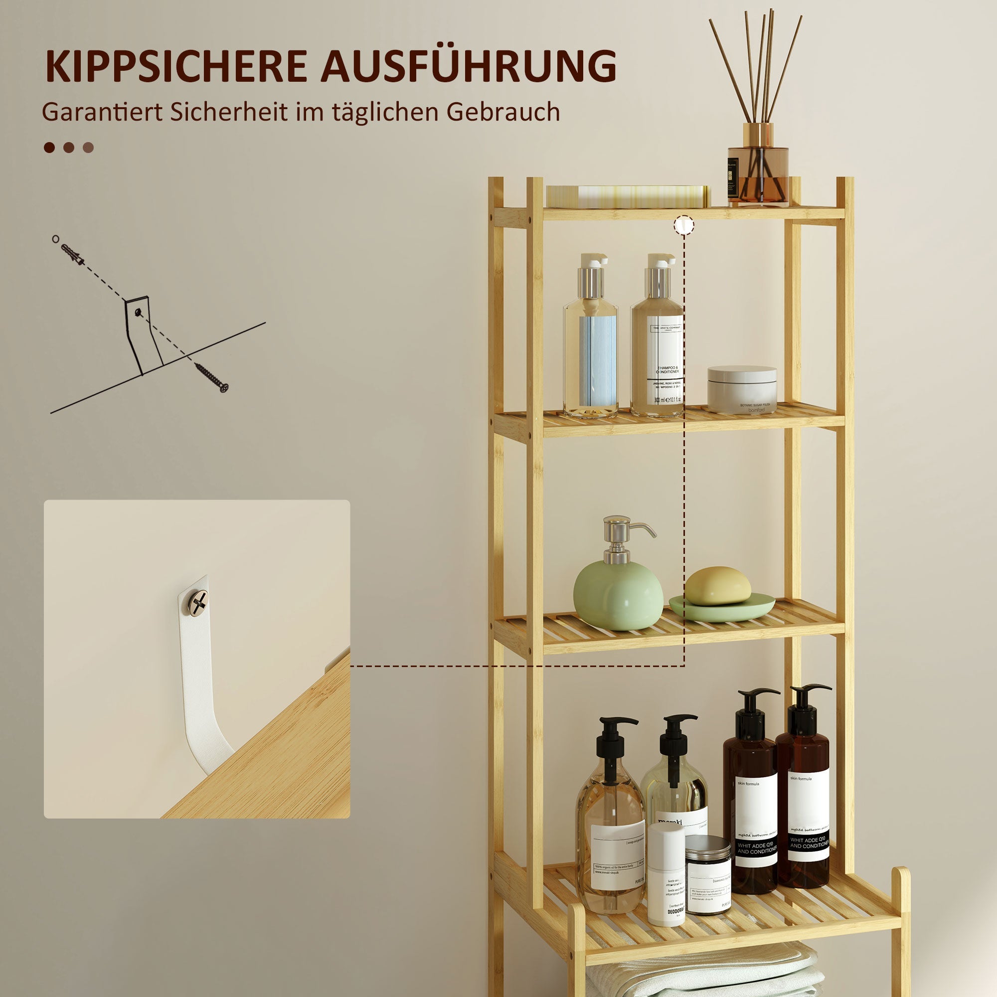 Logidon bathroom shelf natural bamboo 7 levels ladder shelf 44x33x180 cm