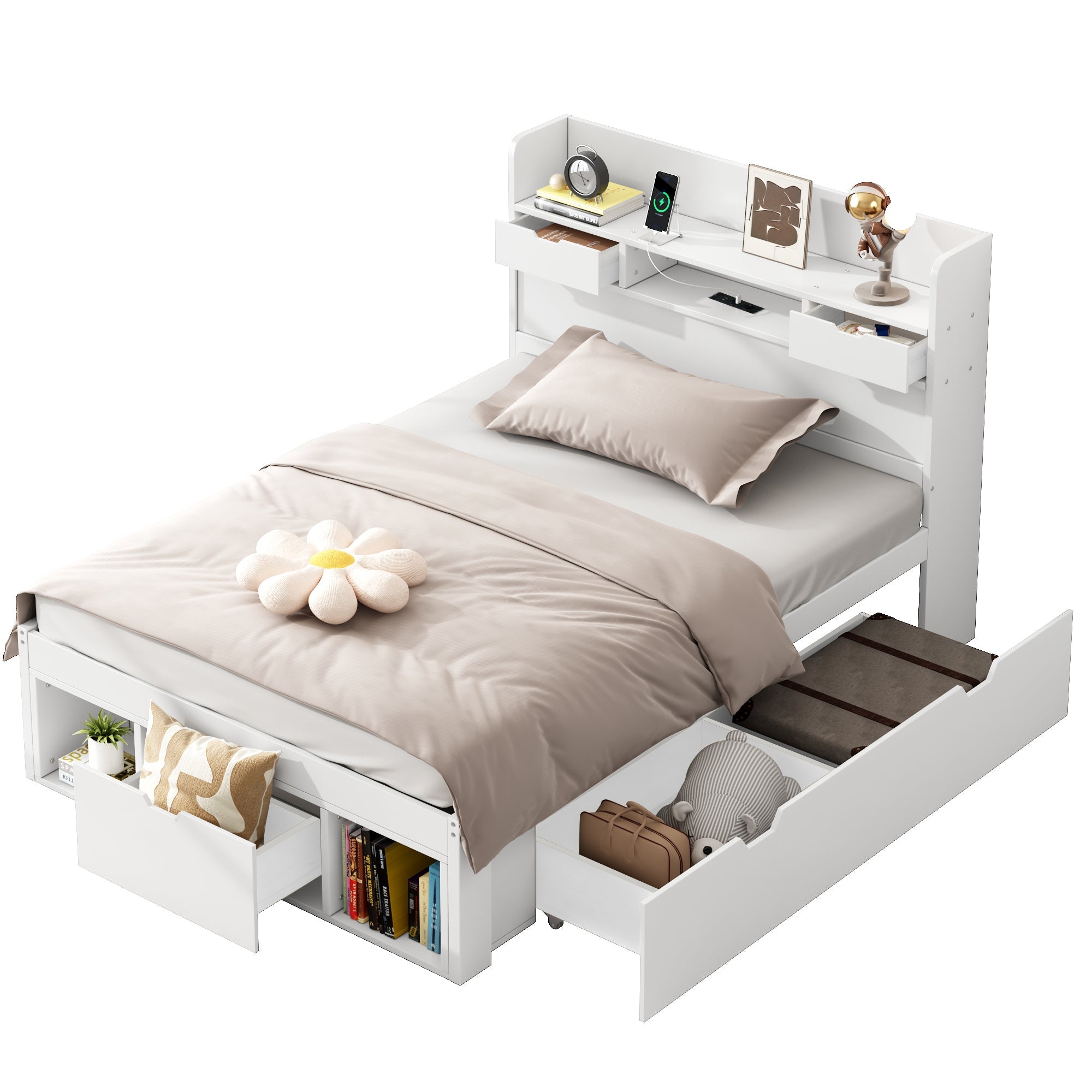 Logidon jeugd- en kinderbed 90x190 cm met USB poort opbergruimte wit