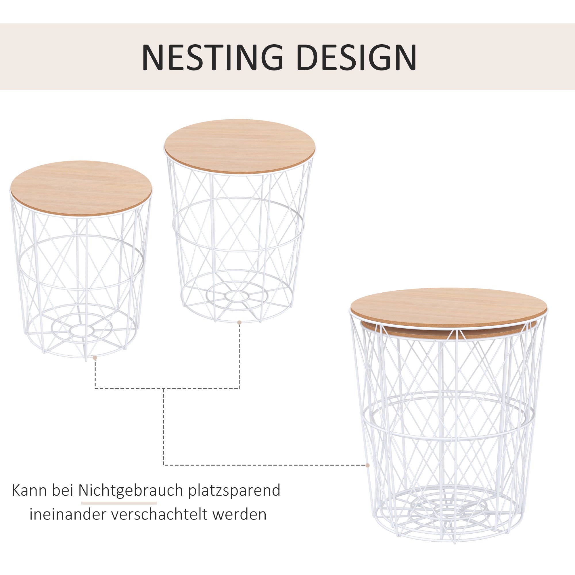 Logidon Set van 2 salontafels Natuurlijk hout Wit metalen frame Diameter 40 cm