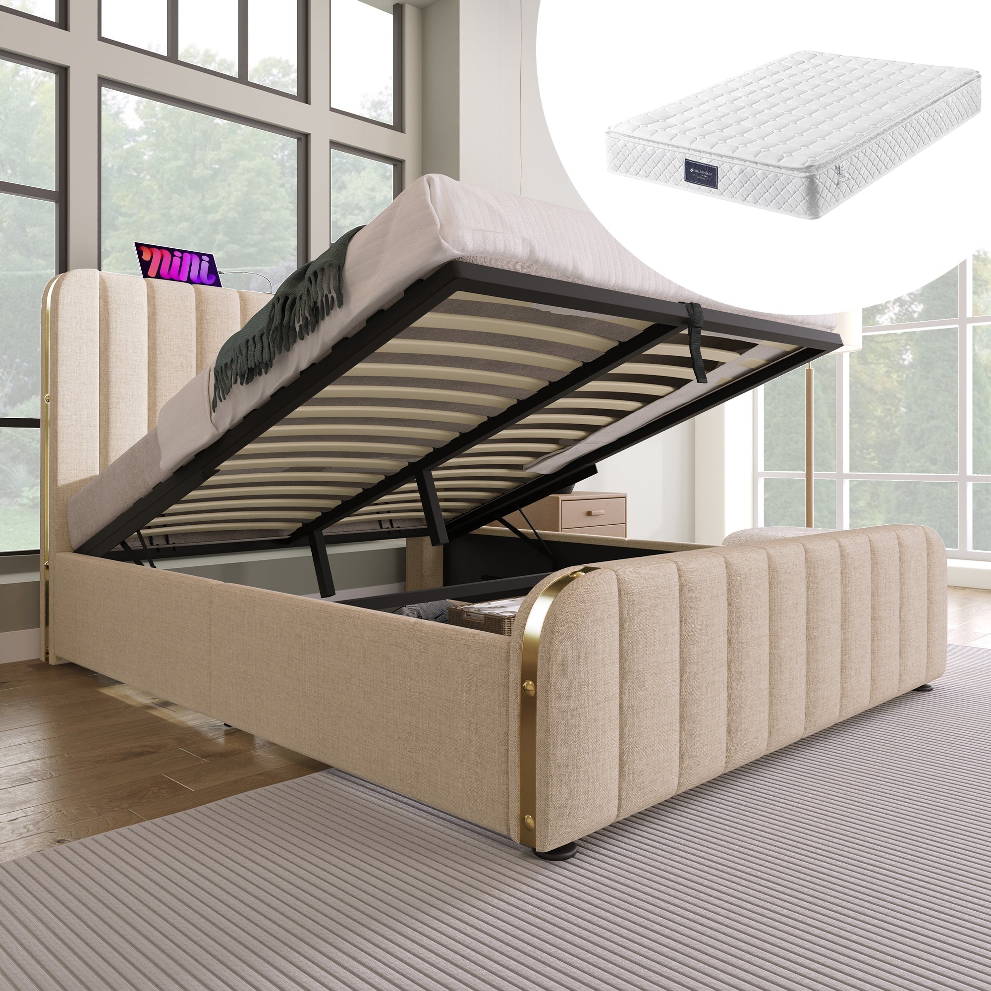 Logidon gestoffeerd bed 140x200 cm beige linnen USB Type-C oplaadfunctie hoofdeinde